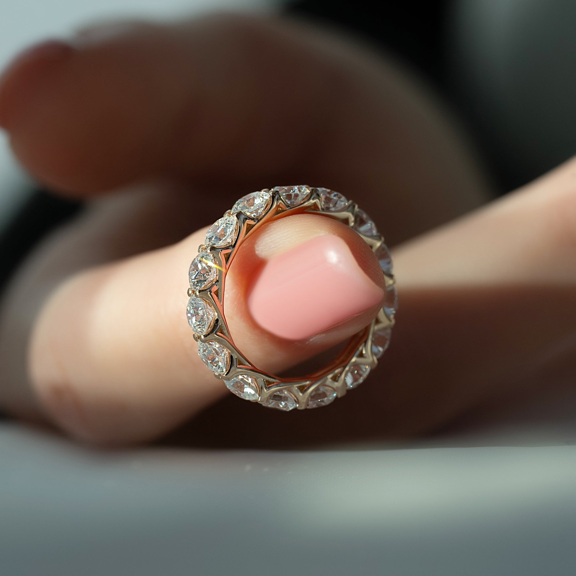 Rose :: close sparkle 4ct round trellis lab diamond eternity ring rose gold warm luxury tone