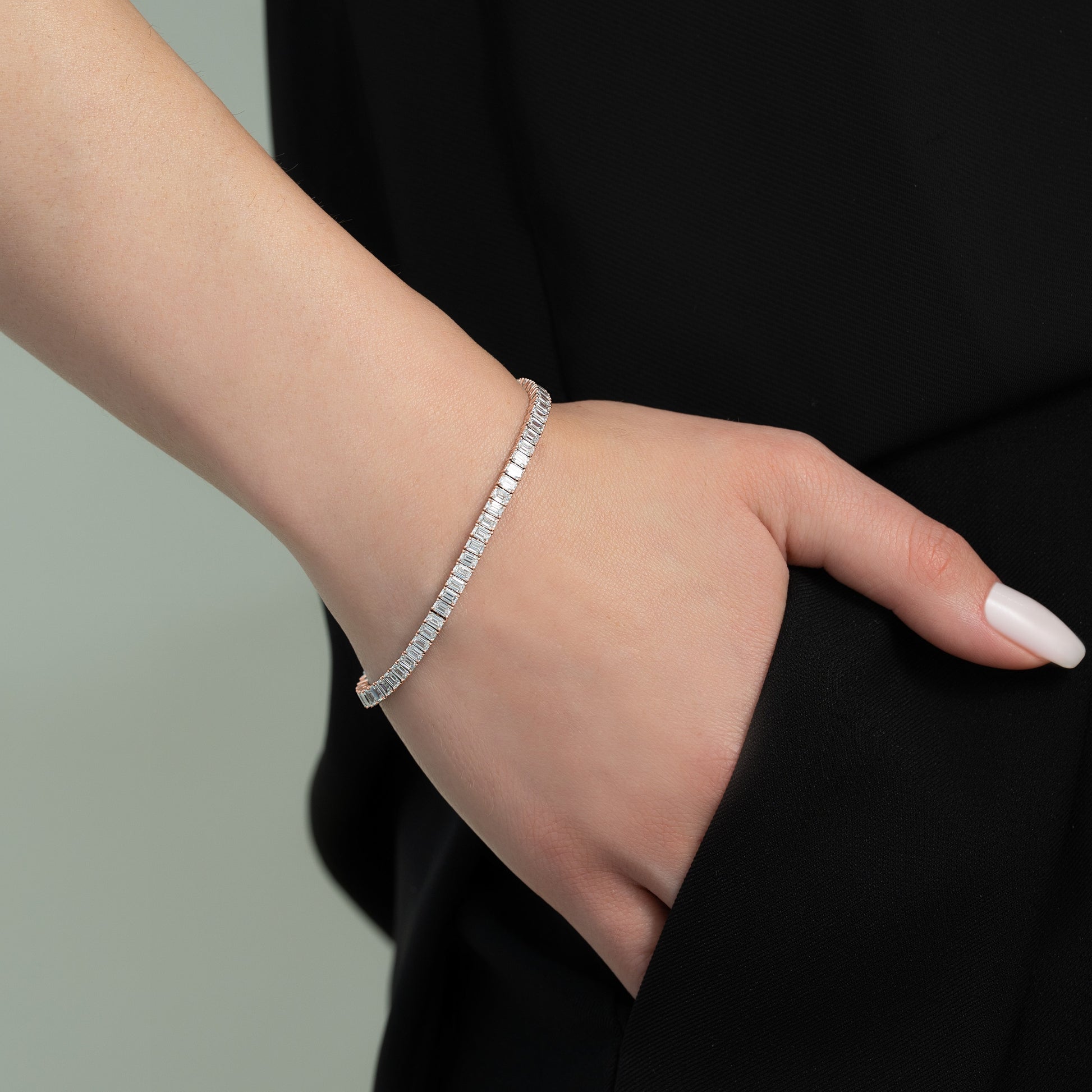 rose :: 6.5ct emerald cut lab grown diamond tennis bracelet four prong setting