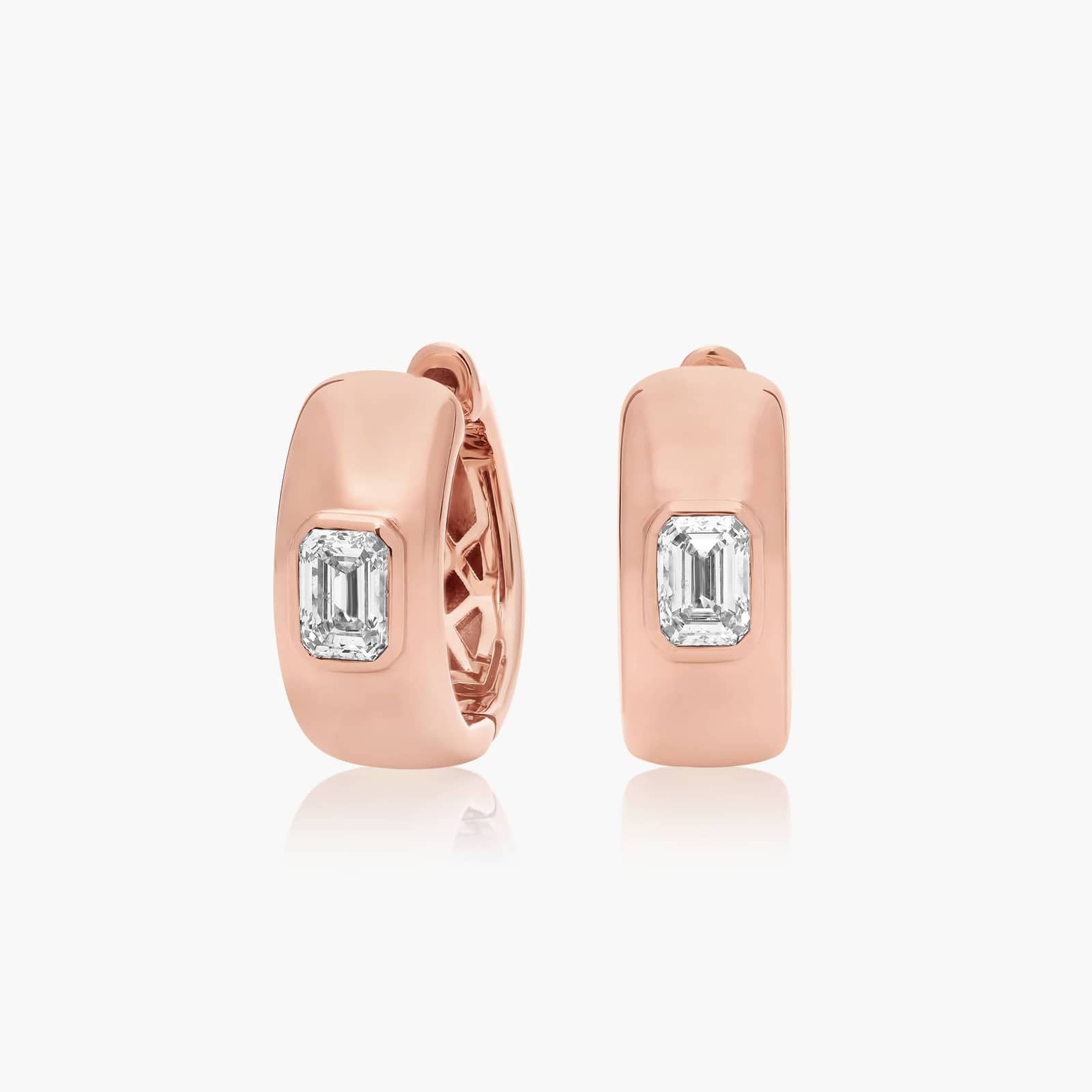 Rose :: modern luxury emerald lab grown diamond huggie earrings bezel setting white gold elegant style