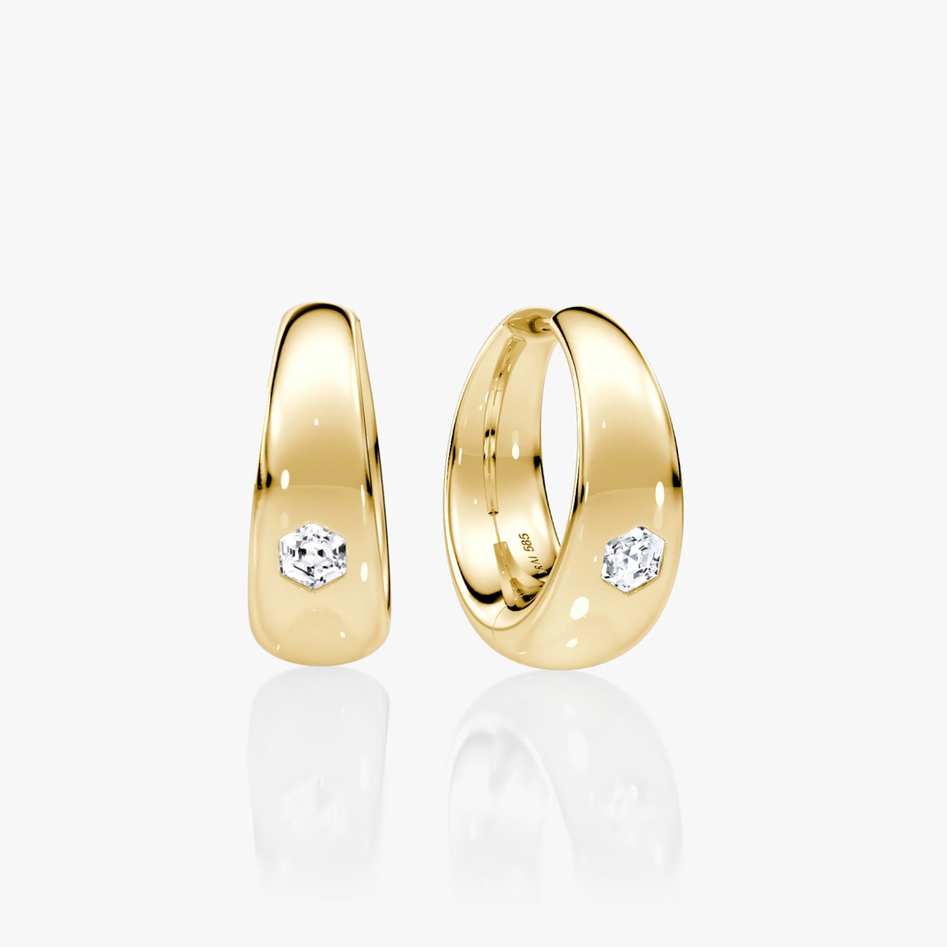 common :: hexagon dome lab grown diamond huggie hoop earrings geometric design white gold modern luxury fine jewelry
