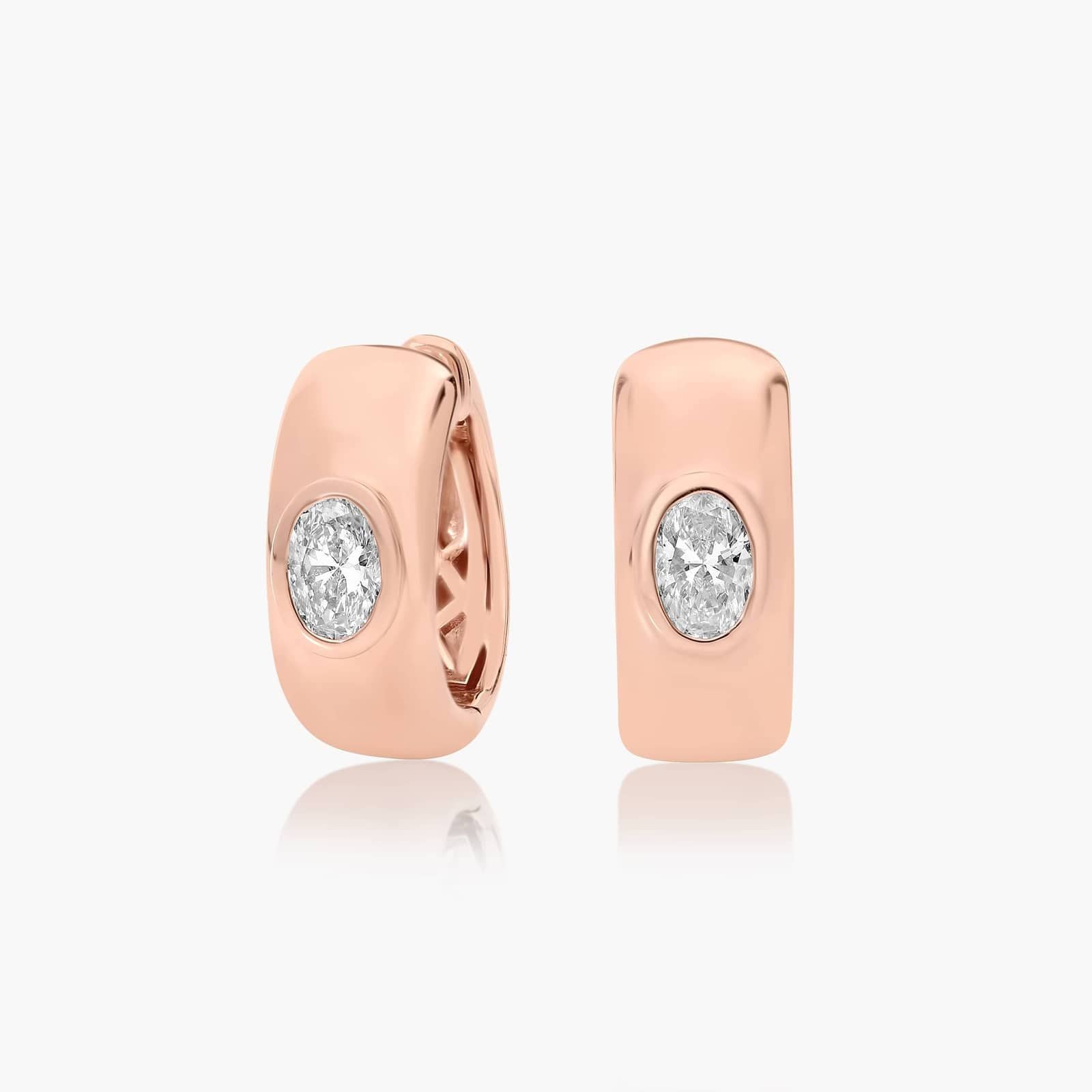 Rose :: modern luxury oval lab grown diamond huggie earrings bezel setting white gold elegant style