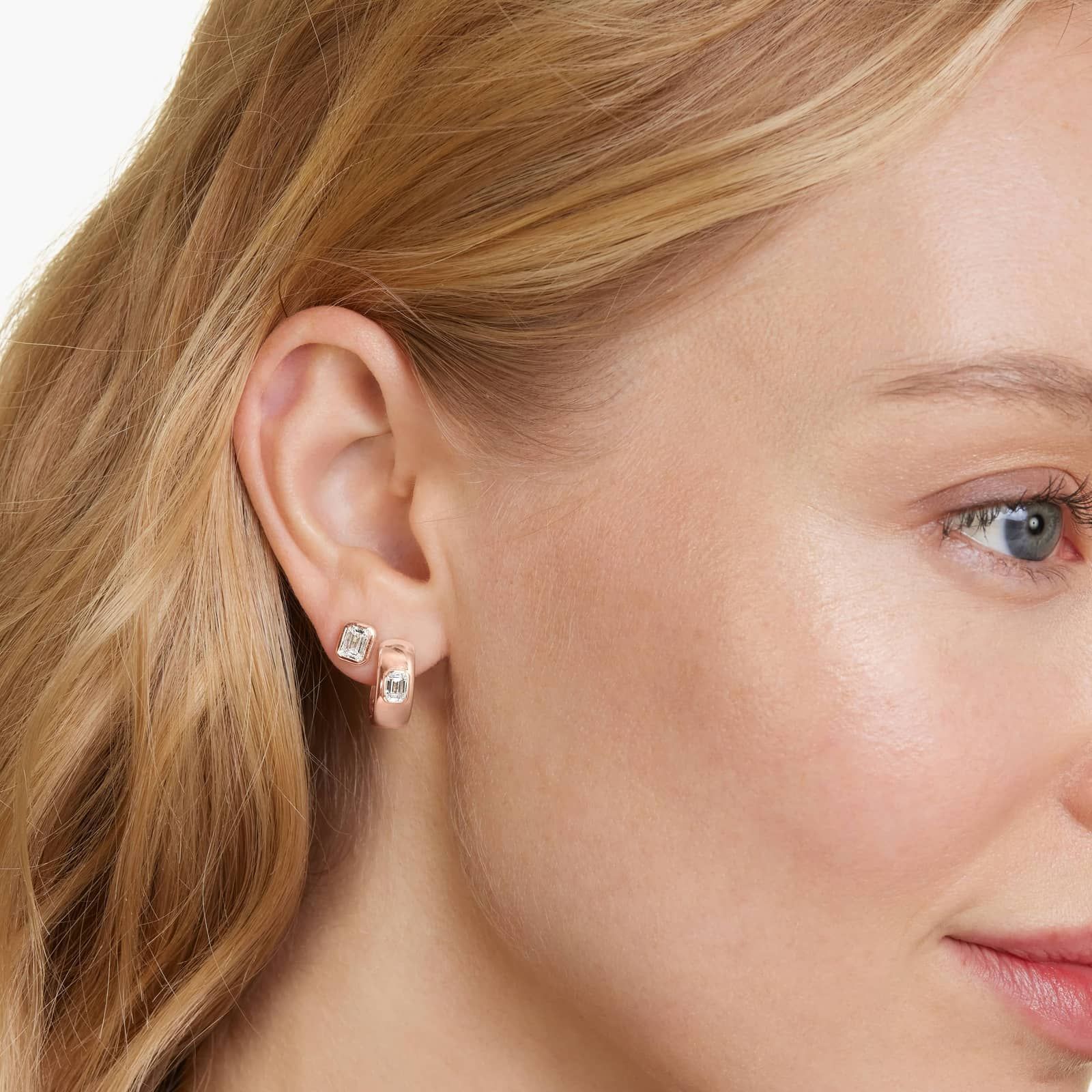 Rose :: clean design emerald lab grown diamond huggie earrings bezel set white gold subtle luxury