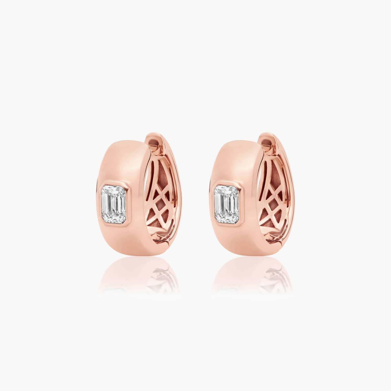 Rose :: clean design emerald lab grown diamond huggie earrings bezel set white gold subtle luxury