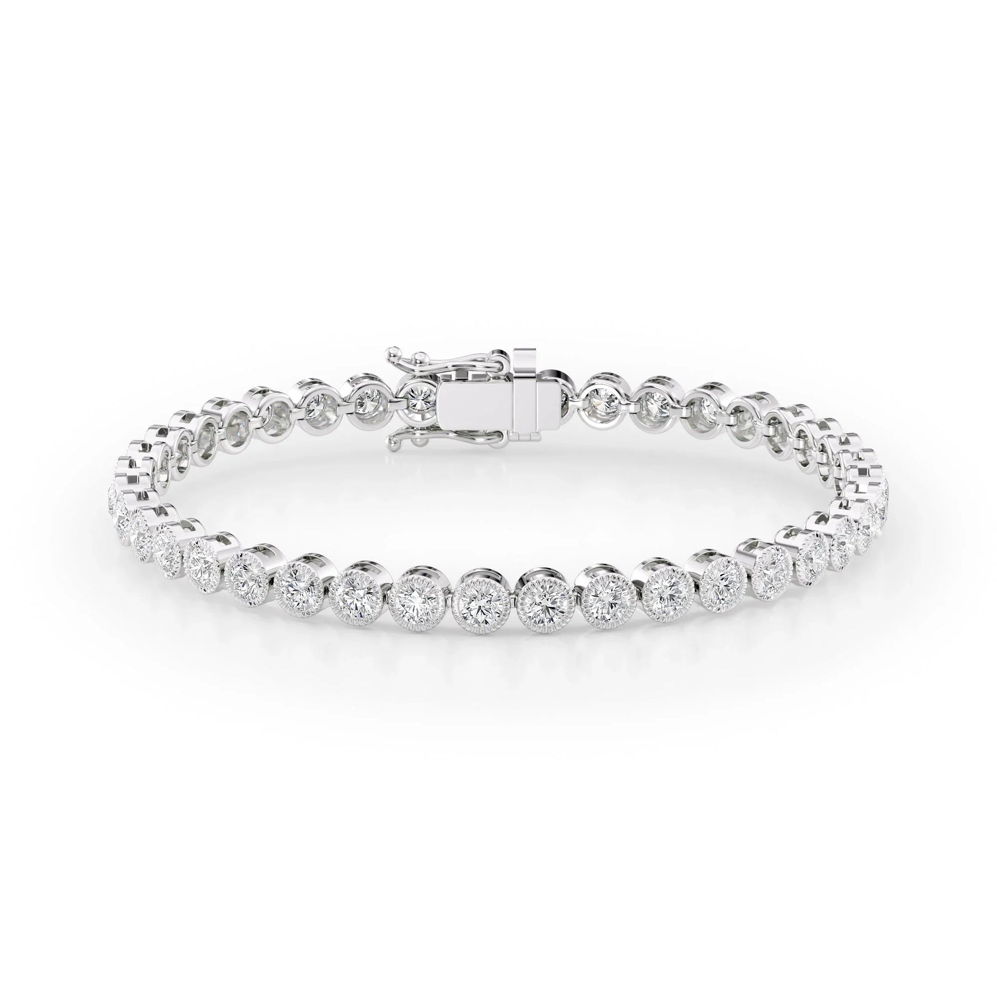Round Lab Grown Diamond Beaded Bezel Tennis Bracelet, EF Color, VS Clarity, IGI Certified