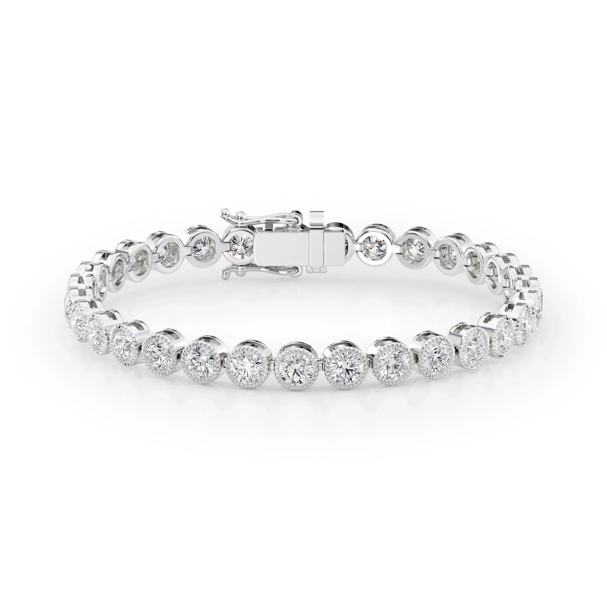 Round Lab Grown Diamond Beaded Bezel Tennis Bracelet, EF Color, VS Clarity, IGI Certified