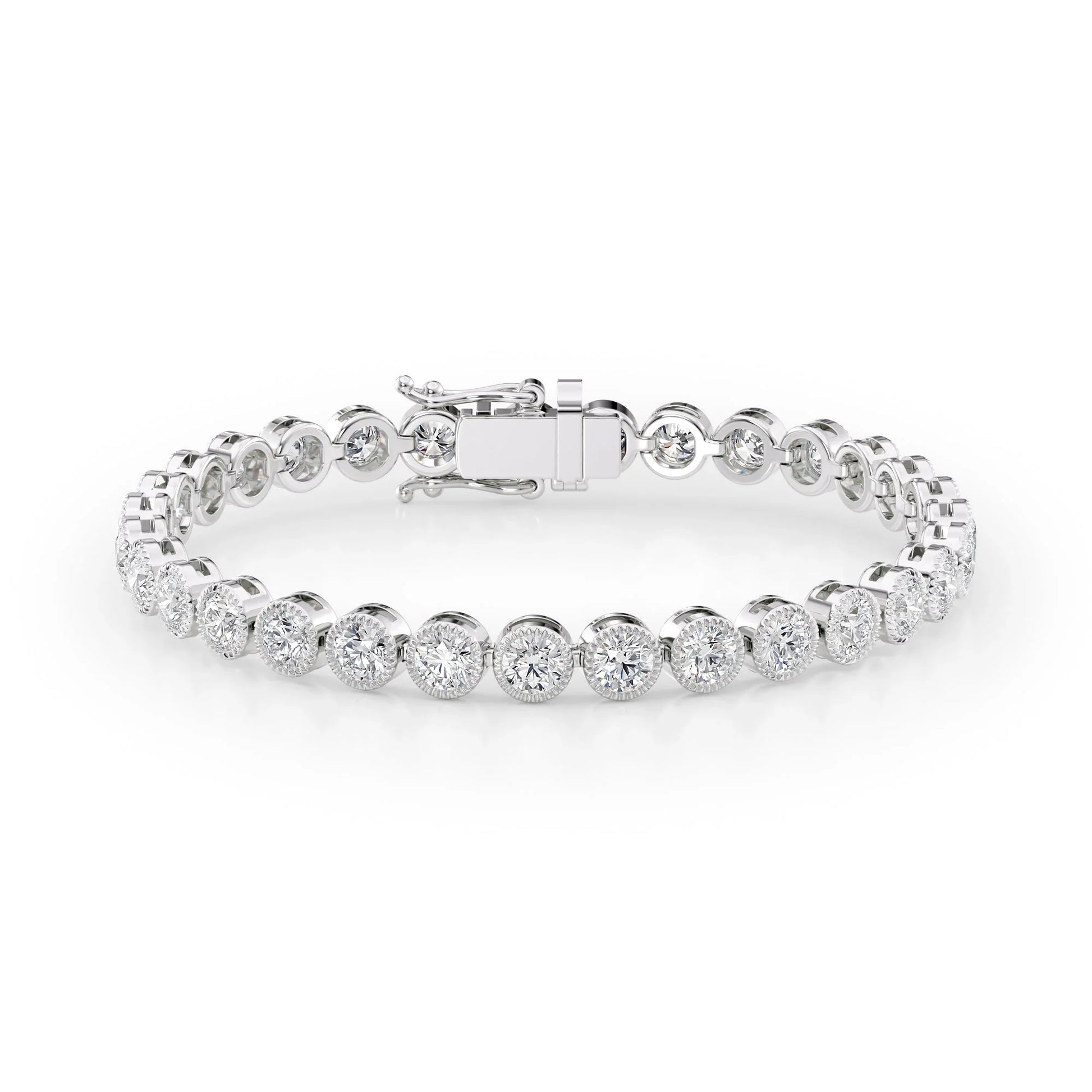 Round Lab Grown Diamond Beaded Bezel Tennis Bracelet, EF Color, VS Clarity, IGI Certified