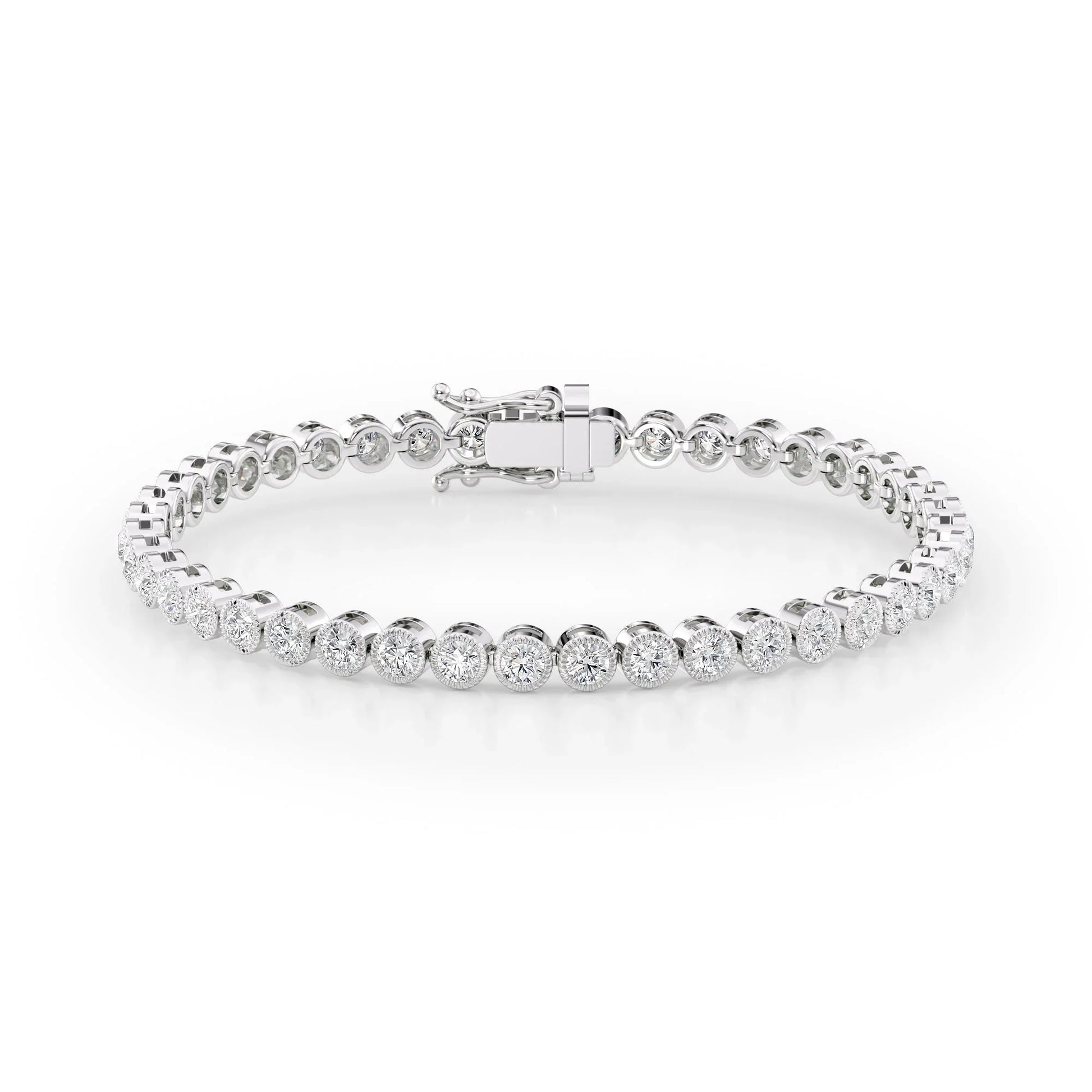Round Lab Grown Diamond Beaded Bezel Tennis Bracelet, EF Color, VS Clarity, IGI Certified