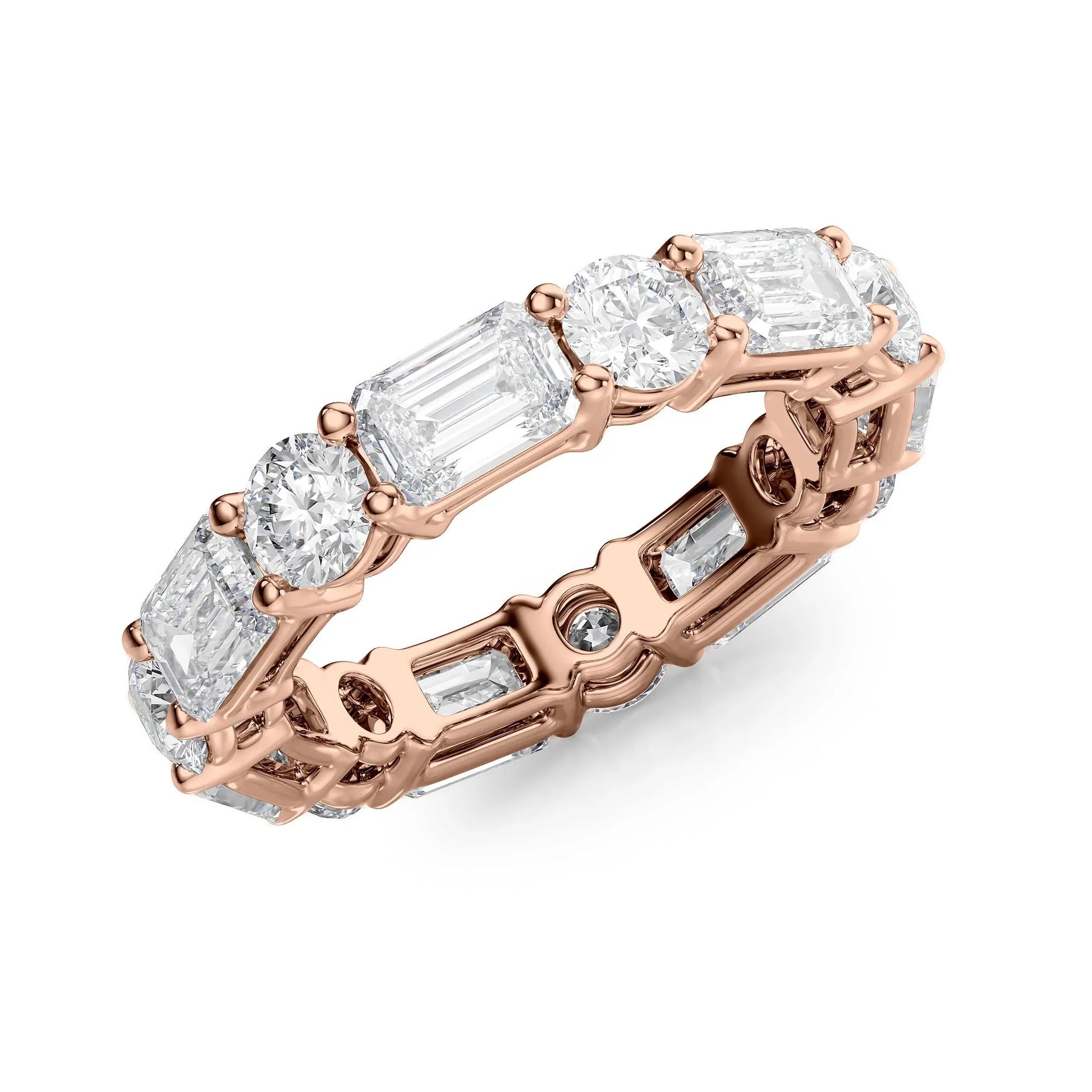 Alternating Emerald and Round Lab Grown Diamond Basket Eternity Band, EF Color, VS Clarity, IGI Certified Ring