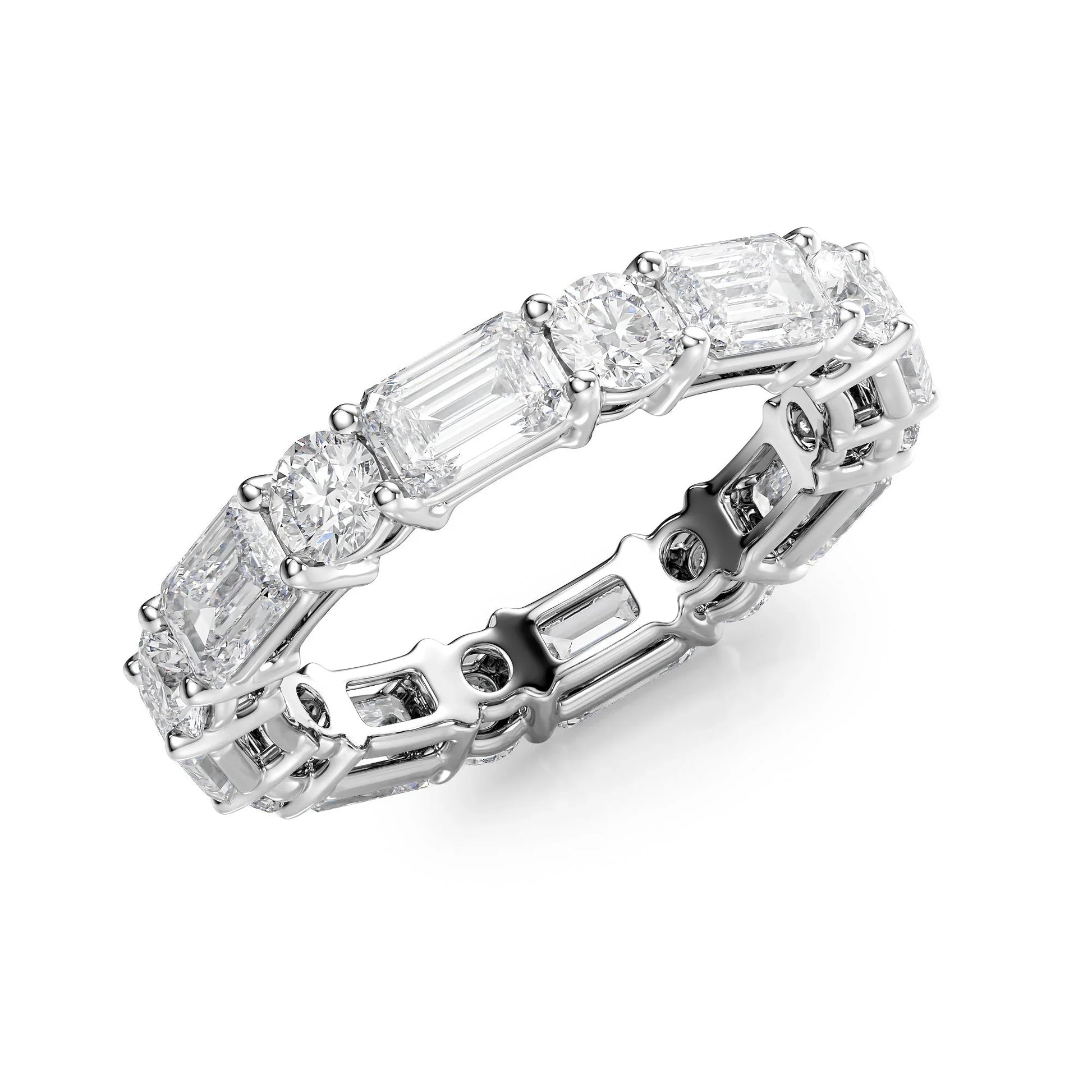 Alternating Emerald and Round Lab Grown Diamond Basket Eternity Band, EF Color, VS Clarity, IGI Certified Ring