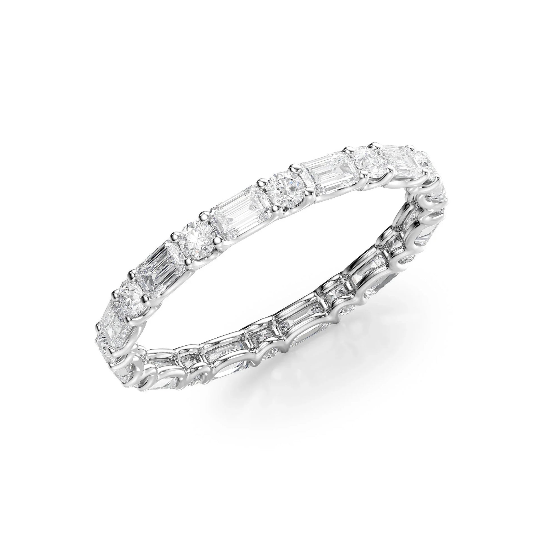 Alternating Emerald and Round Lab Grown Diamond U Prong Eternity Band, EF Color, VS Clarity, IGI Certified Ring