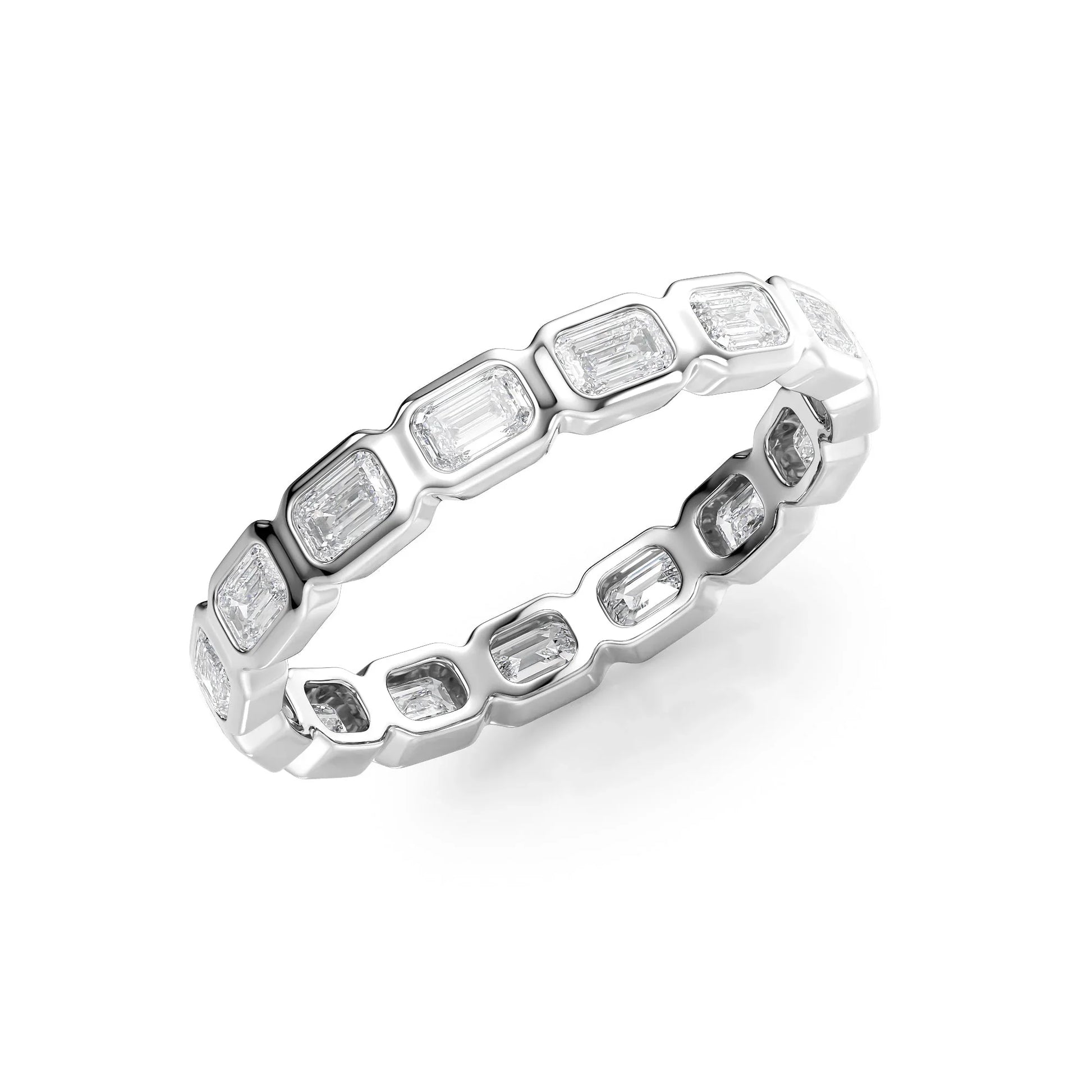 East West Emerald Lab Grown Diamond Bezel Eternity Band, EF Color, VS Clarity, IGI Certified Ring