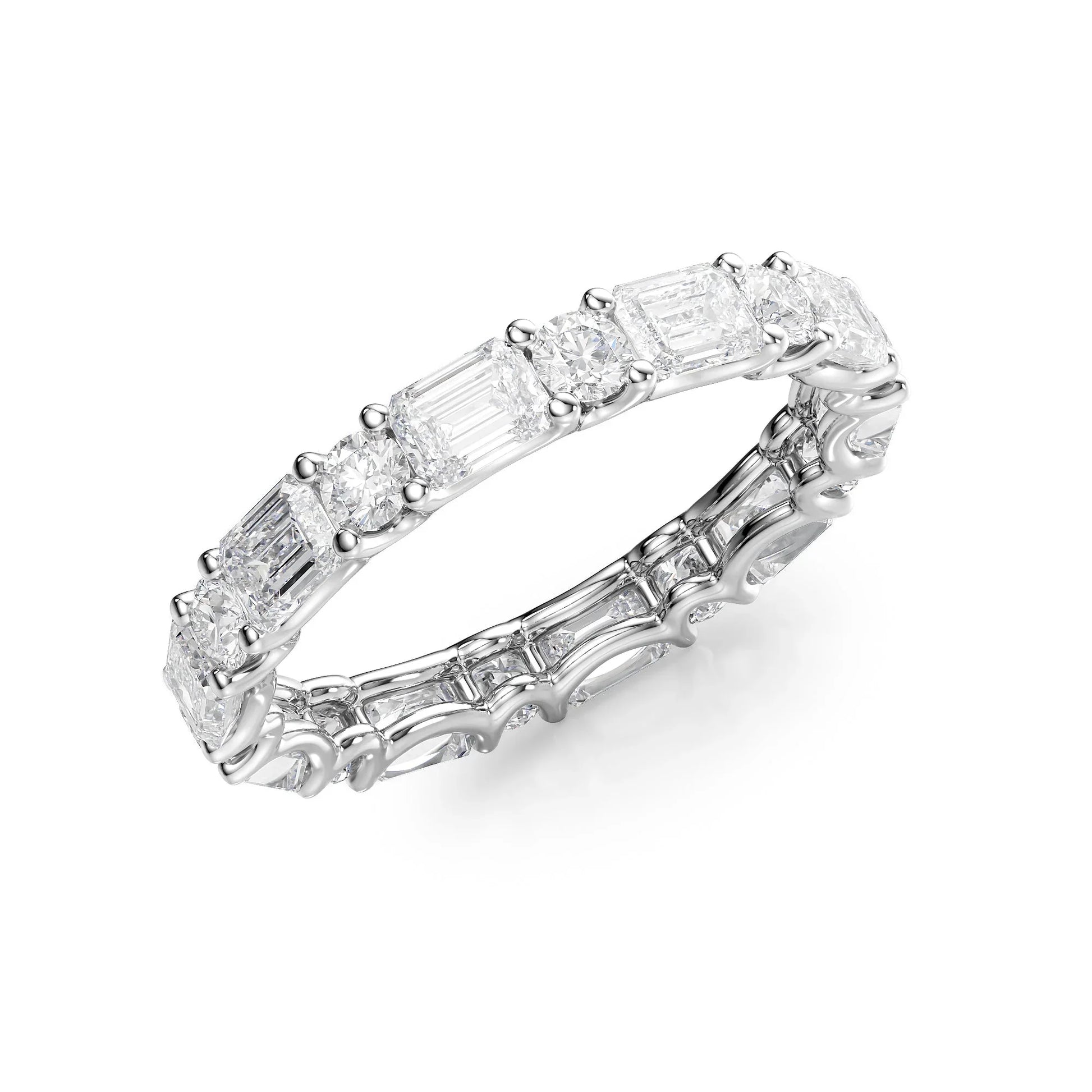 Alternating Emerald and Round Lab Grown Diamond U Prong Eternity Band, EF Color, VS Clarity, IGI Certified Ring