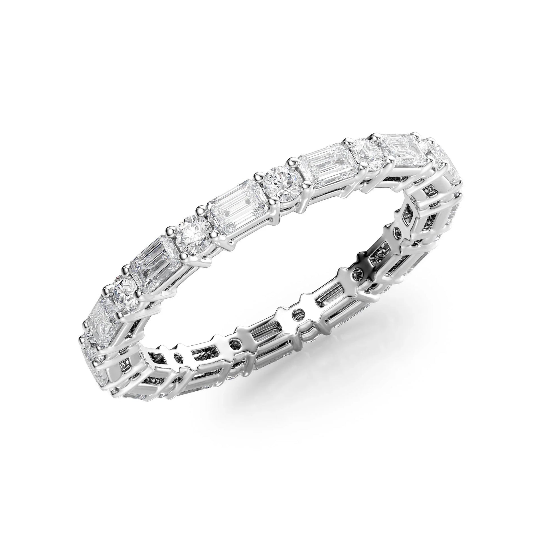 Alternating Emerald and Round Lab Grown Diamond Basket Eternity Band, EF Color, VS Clarity, IGI Certified Ring