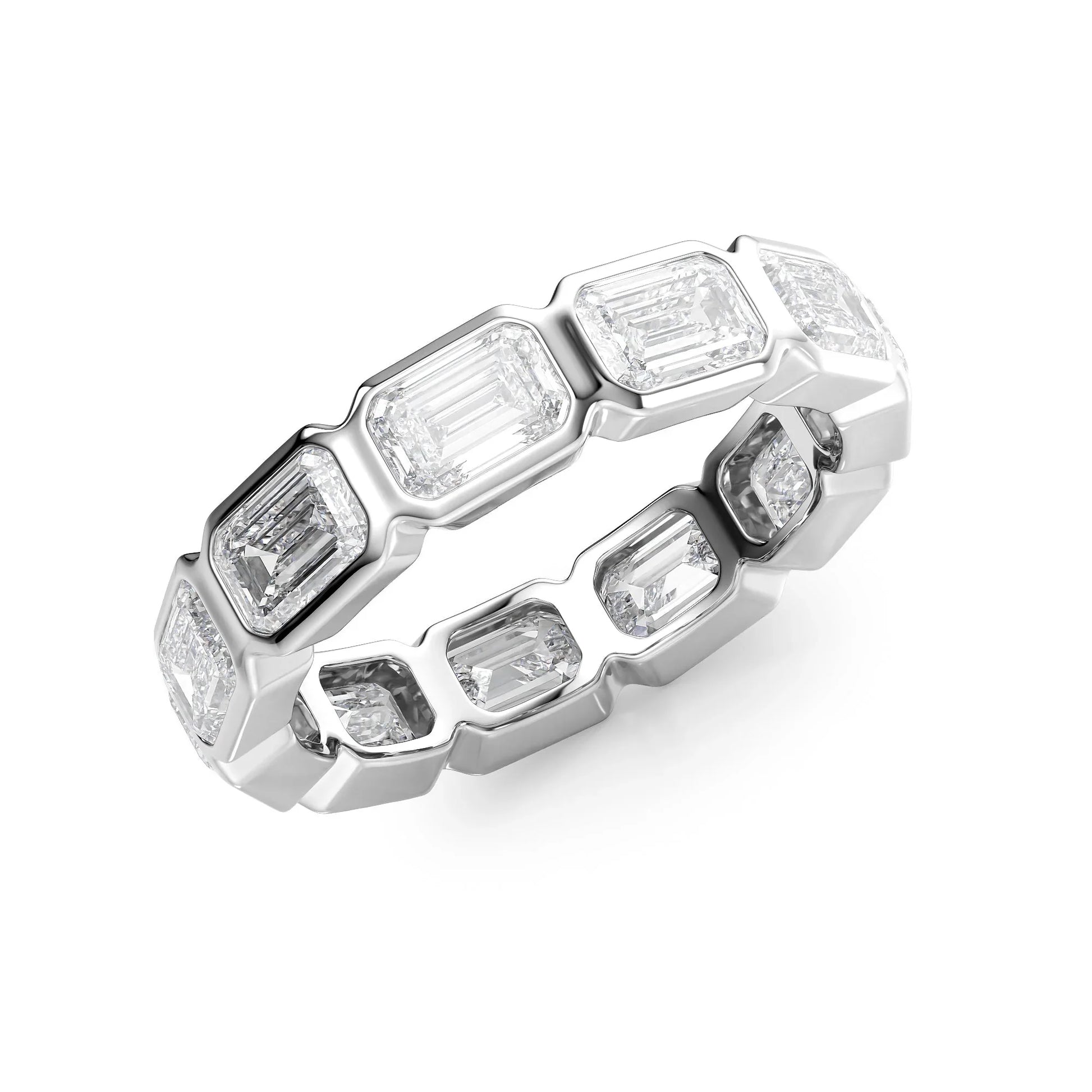 East West Emerald Lab Grown Diamond Bezel Eternity Band, EF Color, VS Clarity, IGI Certified Ring