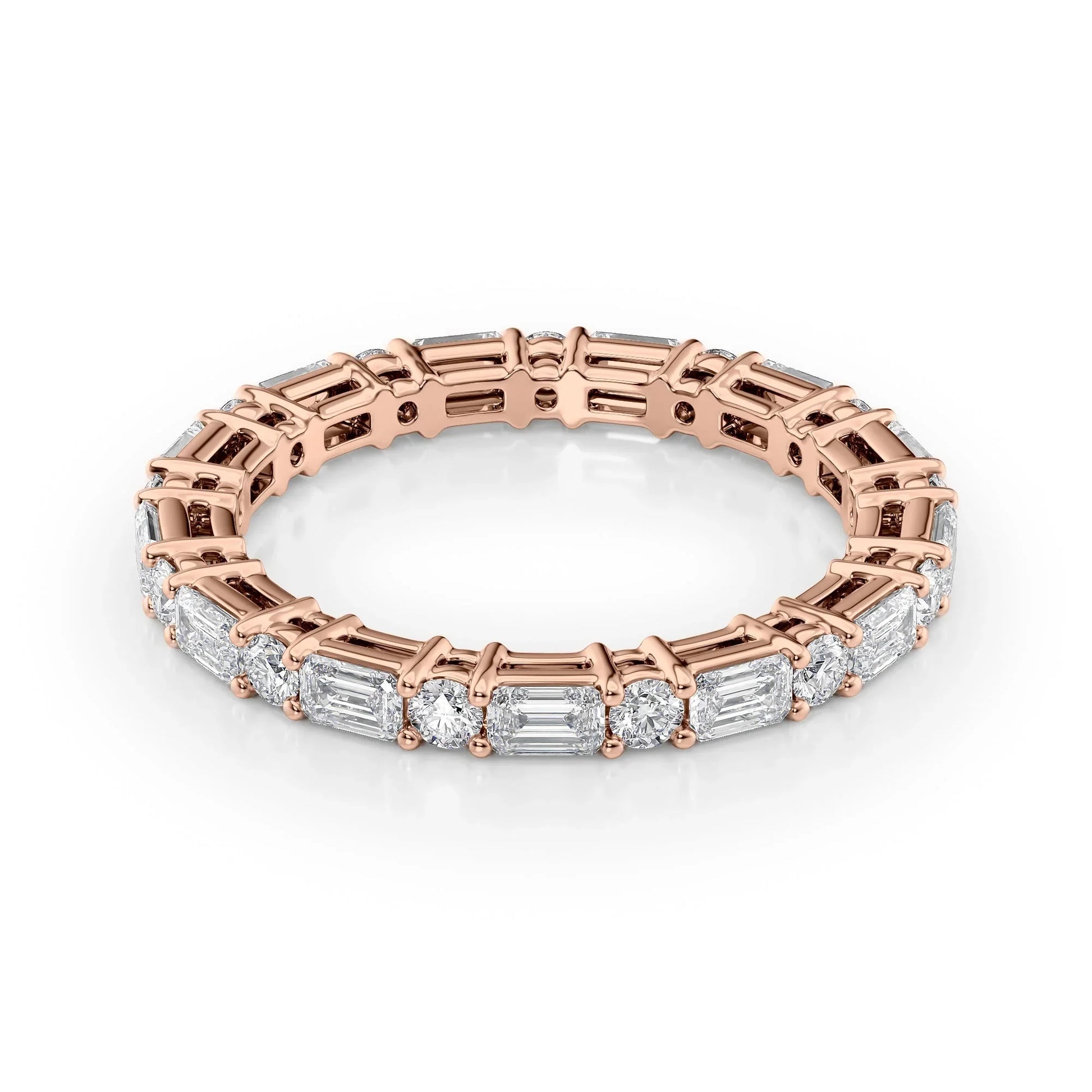 Alternating Emerald and Round Lab Grown Diamond Basket Eternity Band, EF Color, VS Clarity, IGI Certified Ring