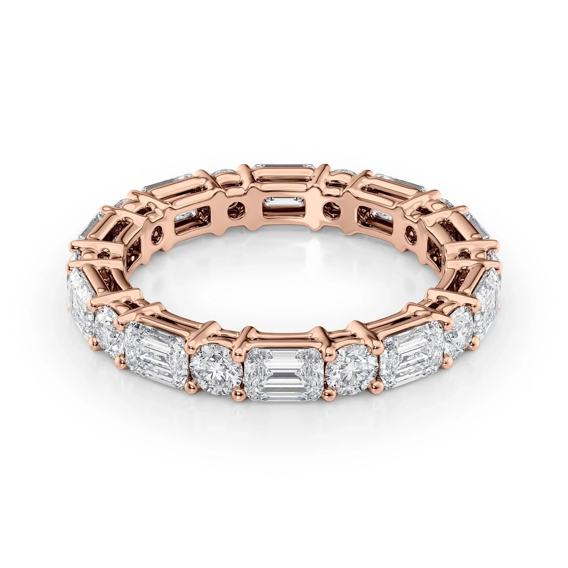 Alternating Emerald and Round Lab Grown Diamond Basket Eternity Band, EF Color, VS Clarity, IGI Certified Ring