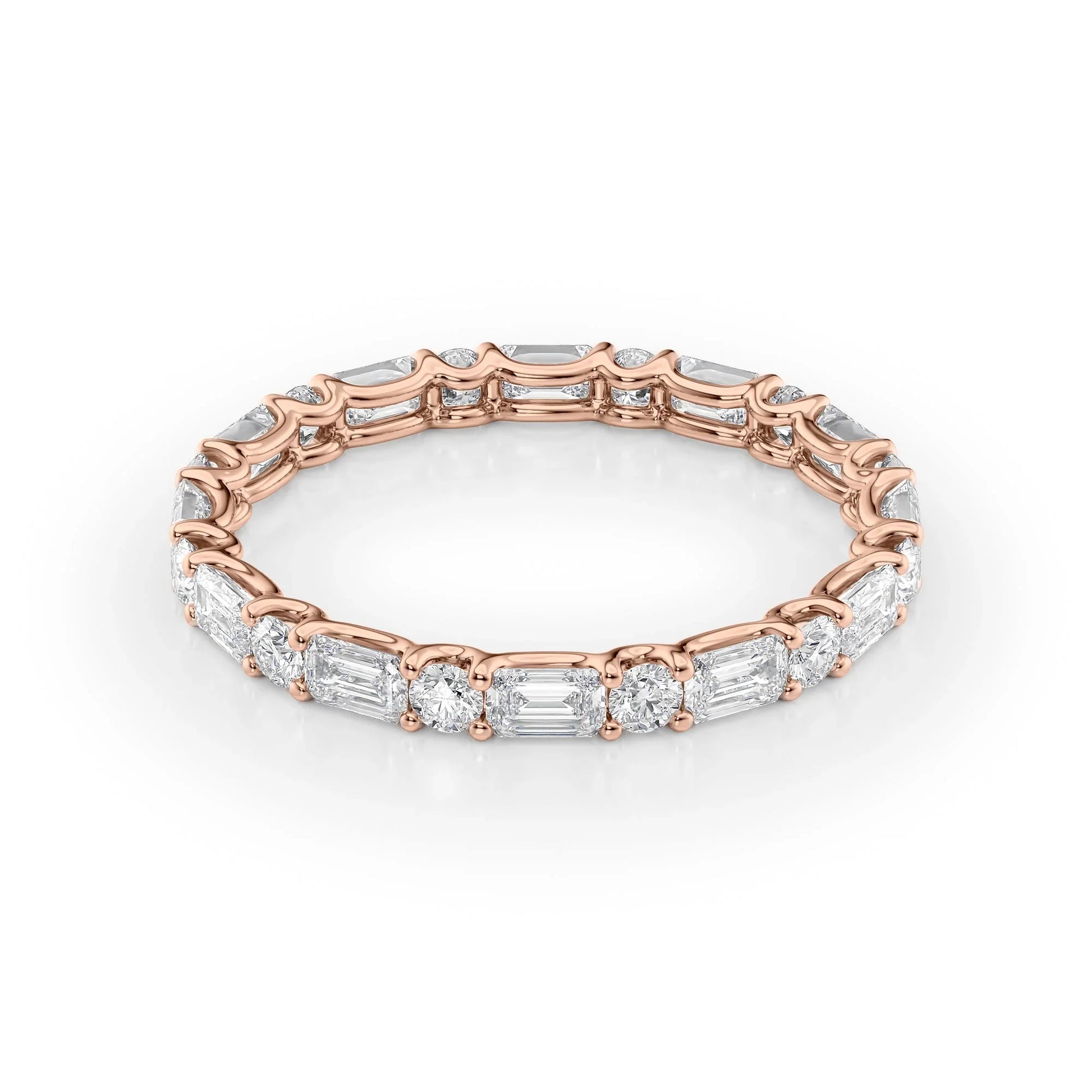 Alternating Emerald and Round Lab Grown Diamond U Prong Eternity Band, EF Color, VS Clarity, IGI Certified Ring