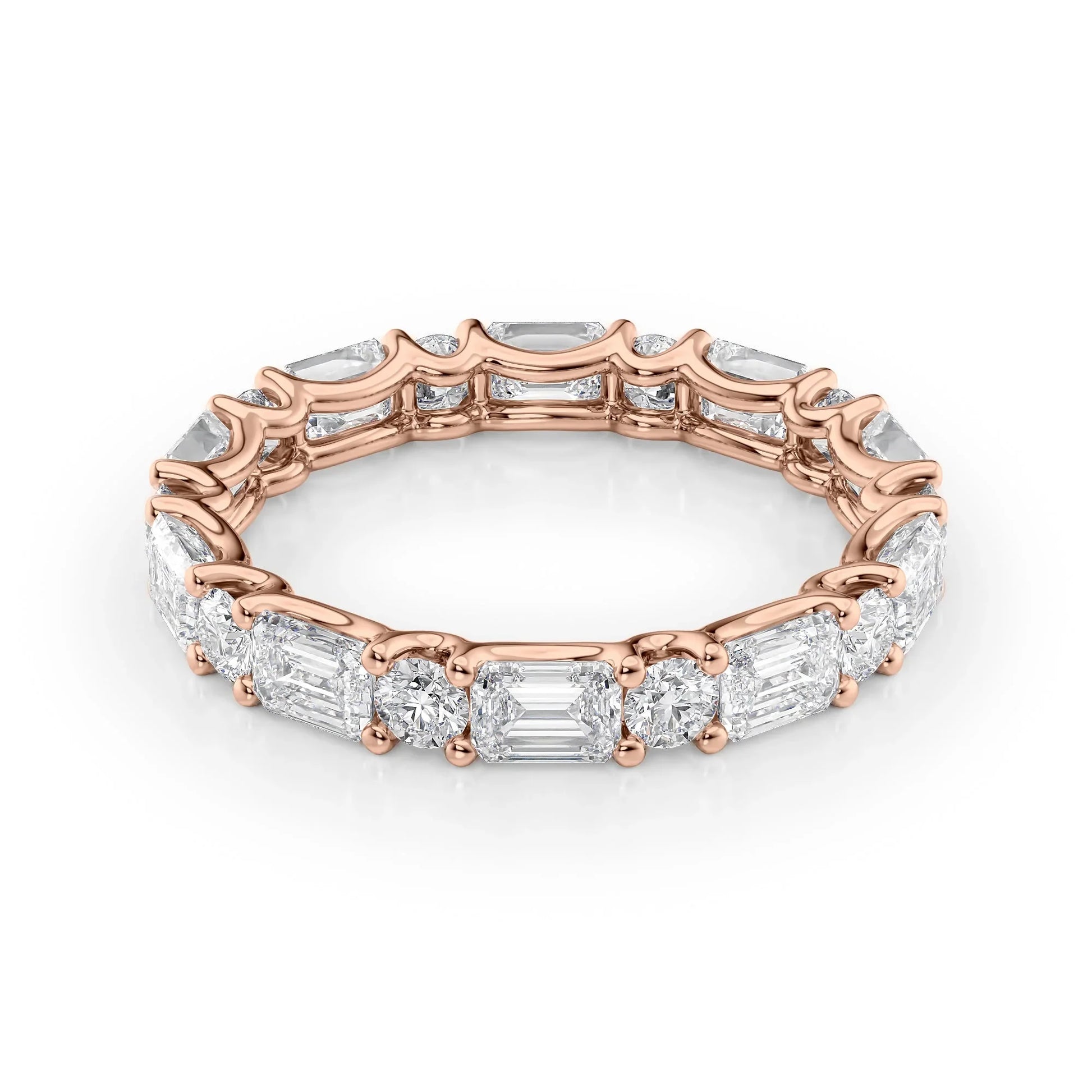 Alternating Emerald and Round Lab Grown Diamond U Prong Eternity Band, EF Color, VS Clarity, IGI Certified Ring