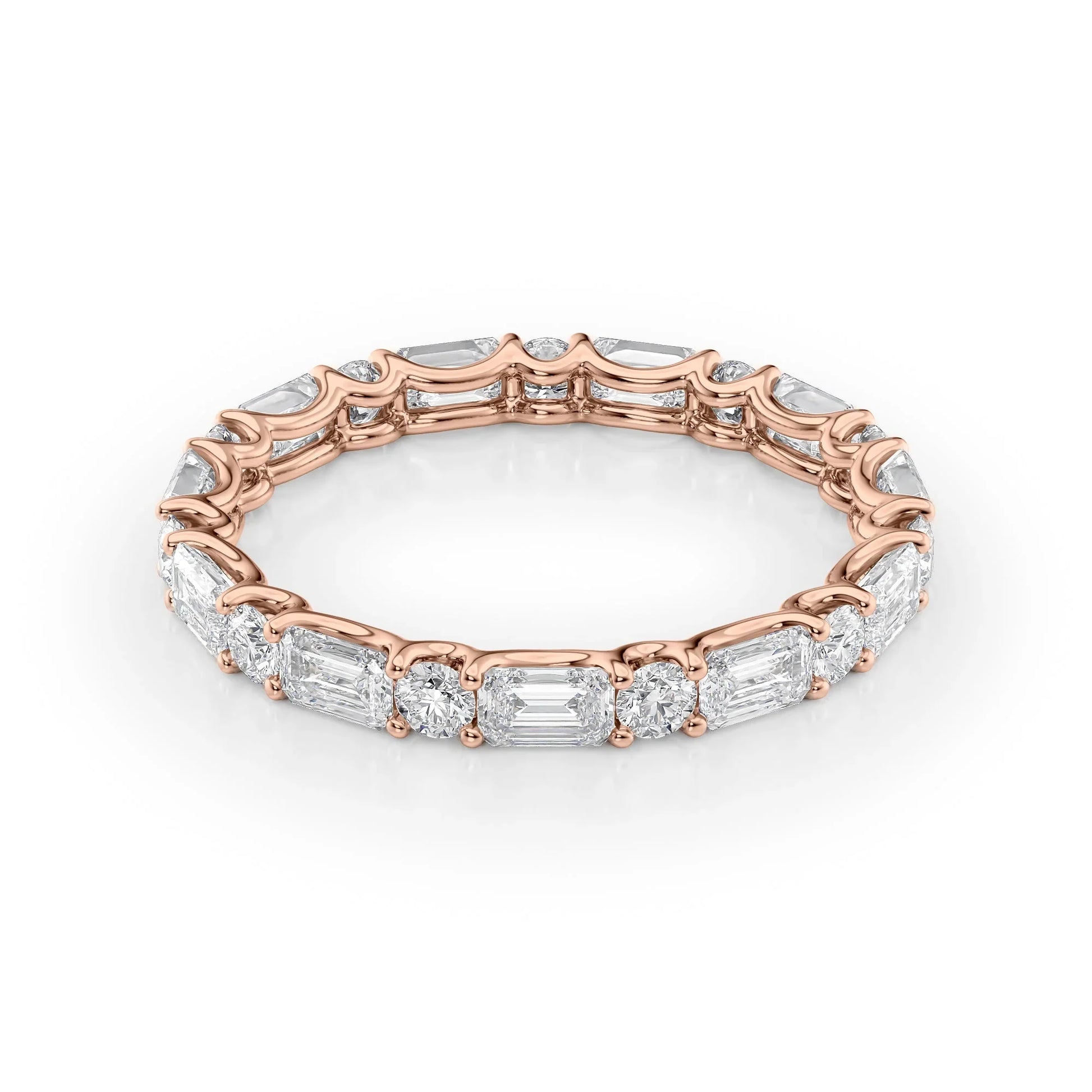 Alternating Emerald and Round Lab Grown Diamond U Prong Eternity Band, EF Color, VS Clarity, IGI Certified Ring