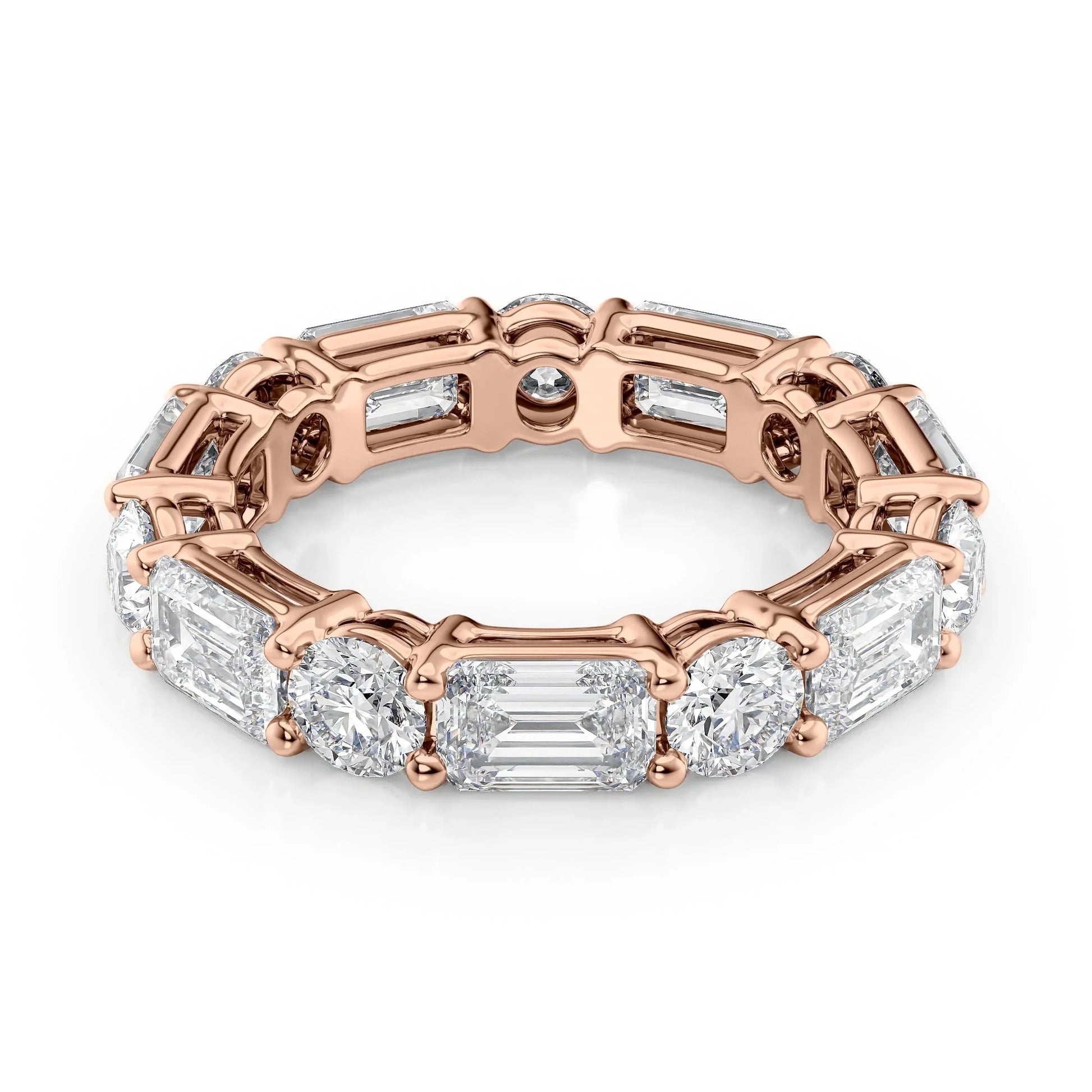 Alternating Emerald and Round Lab Grown Diamond Basket Eternity Band, EF Color, VS Clarity, IGI Certified Ring