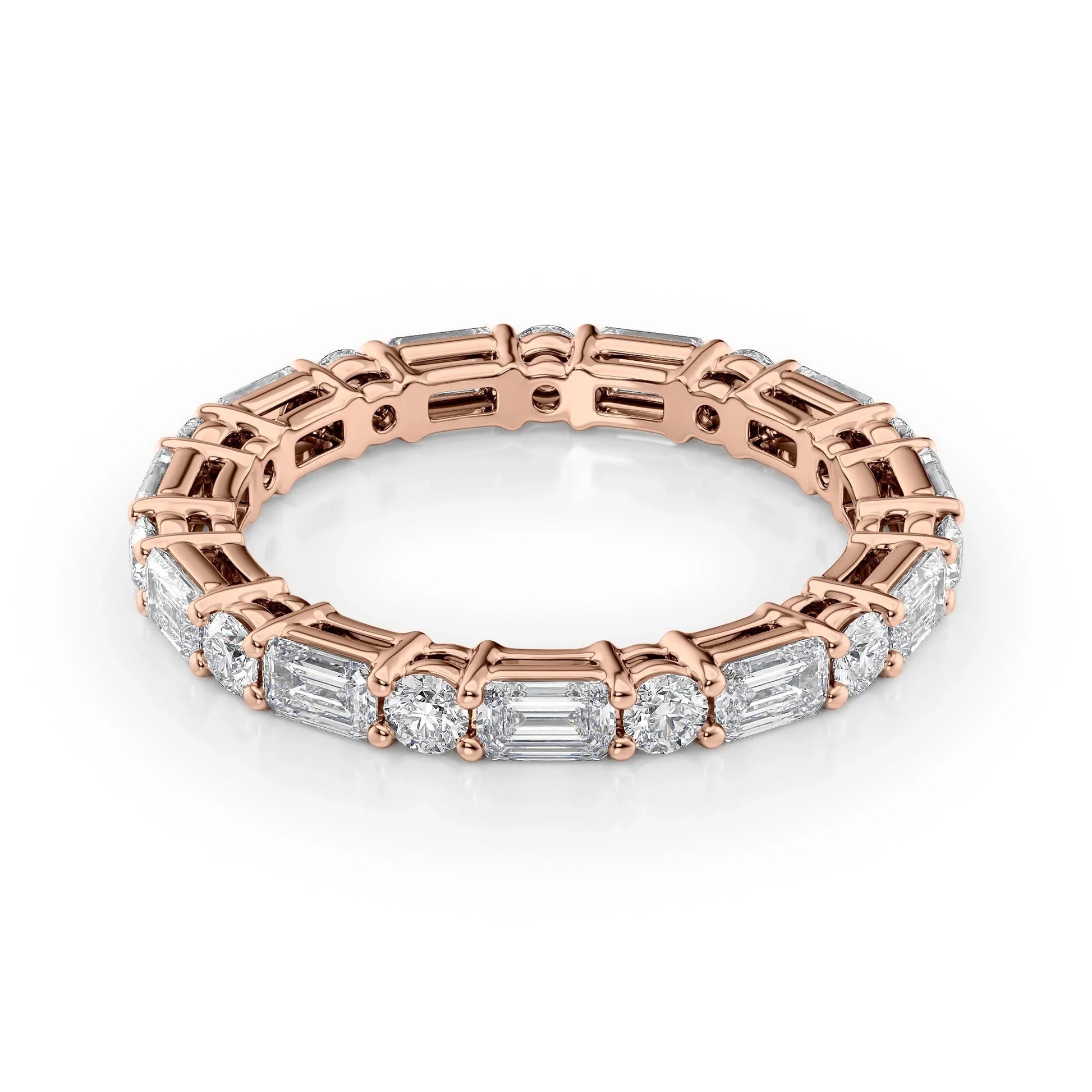 Alternating Emerald and Round Lab Grown Diamond Basket Eternity Band, EF Color, VS Clarity, IGI Certified Ring