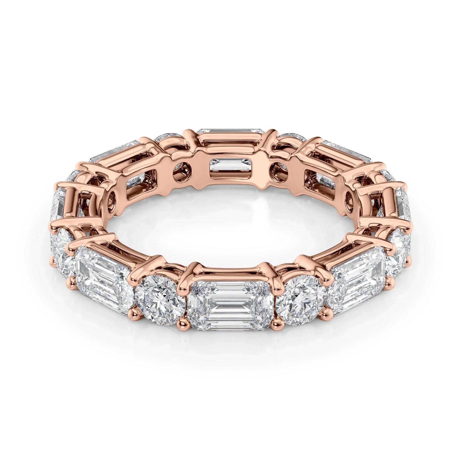 Alternating Emerald and Round Lab Grown Diamond Basket Eternity Band, EF Color, VS Clarity, IGI Certified Ring