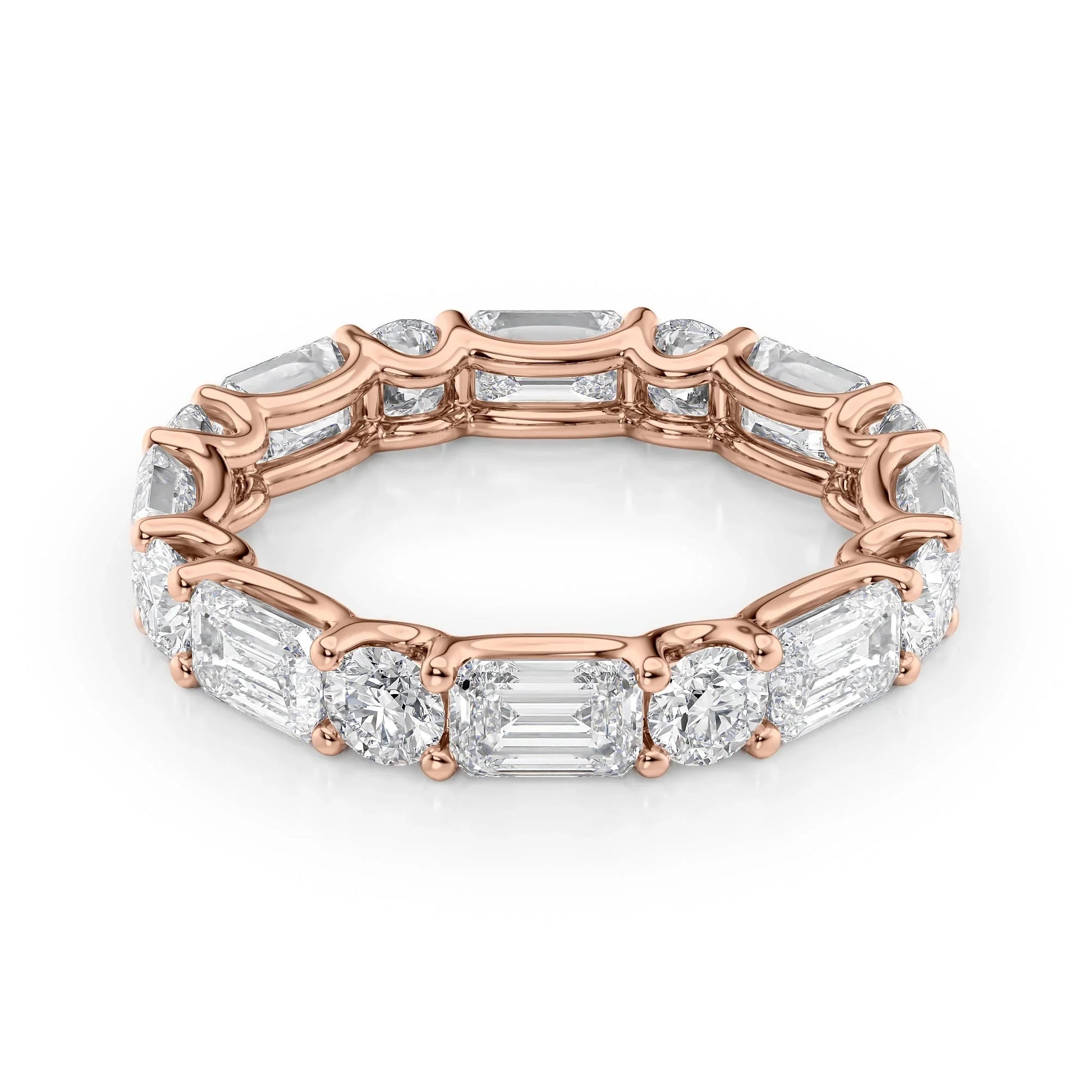 Alternating Emerald and Round Lab Grown Diamond U Prong Eternity Band, EF Color, VS Clarity, IGI Certified Ring