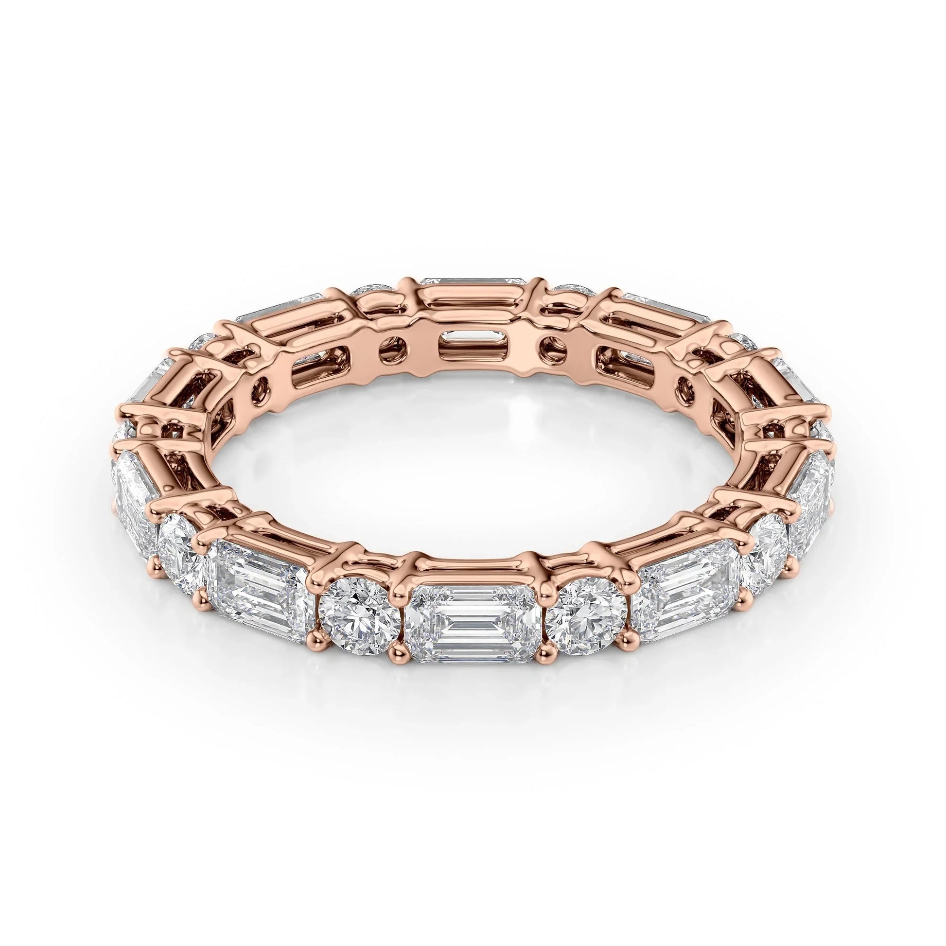 Alternating Emerald and Round Lab Grown Diamond Basket Eternity Band, EF Color, VS Clarity, IGI Certified Ring