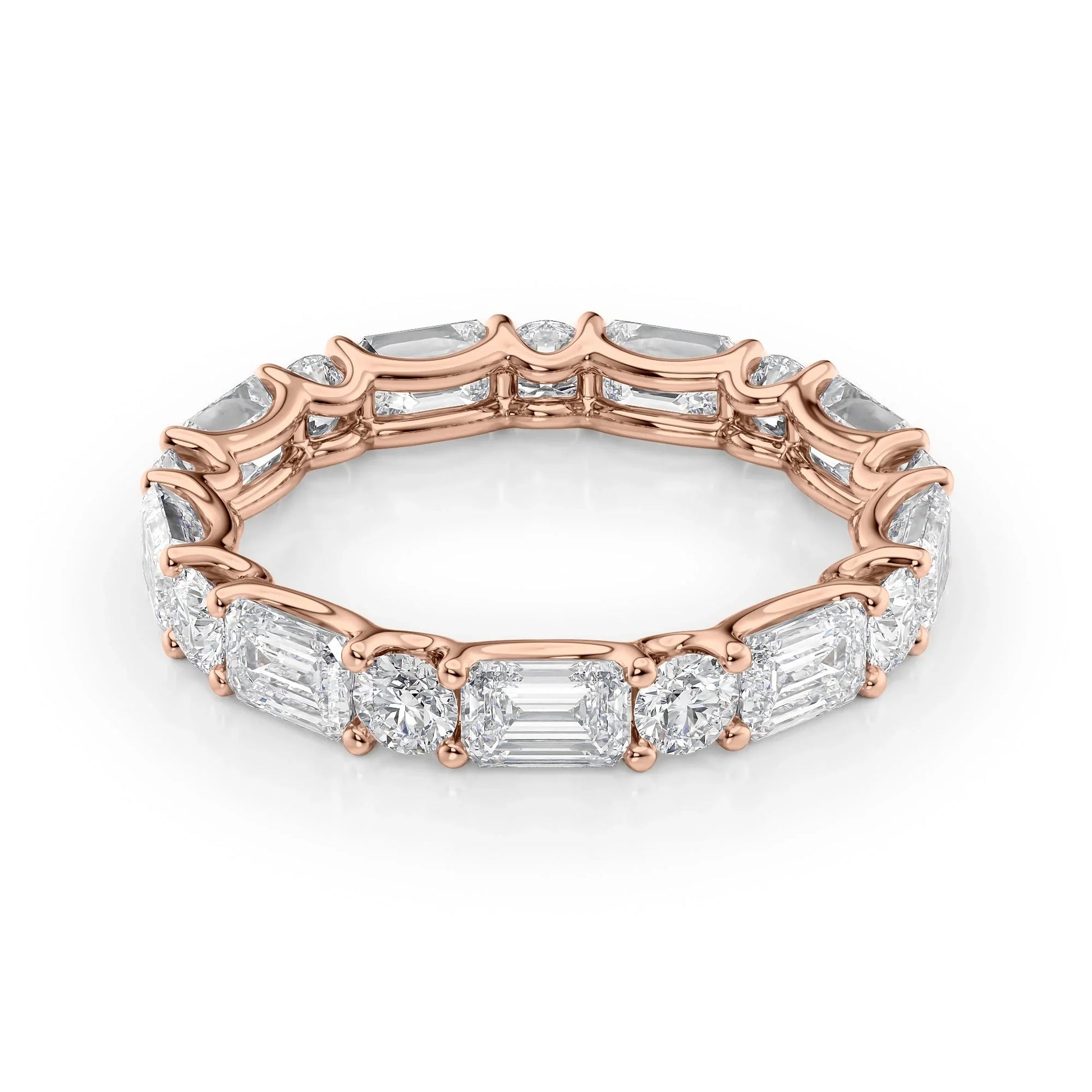 Alternating Emerald and Round Lab Grown Diamond U Prong Eternity Band, EF Color, VS Clarity, IGI Certified Ring