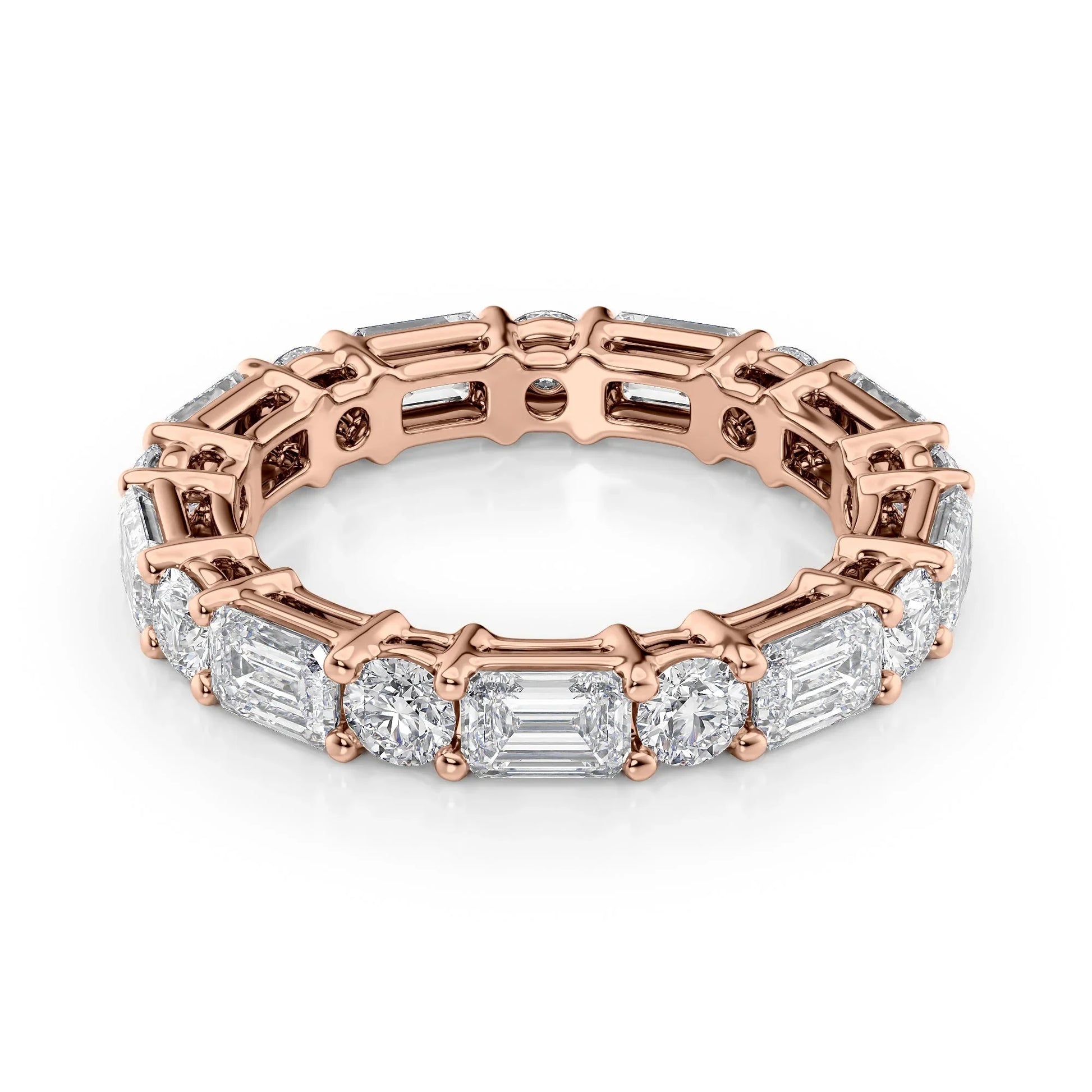 Alternating Emerald and Round Lab Grown Diamond Basket Eternity Band, EF Color, VS Clarity, IGI Certified Ring