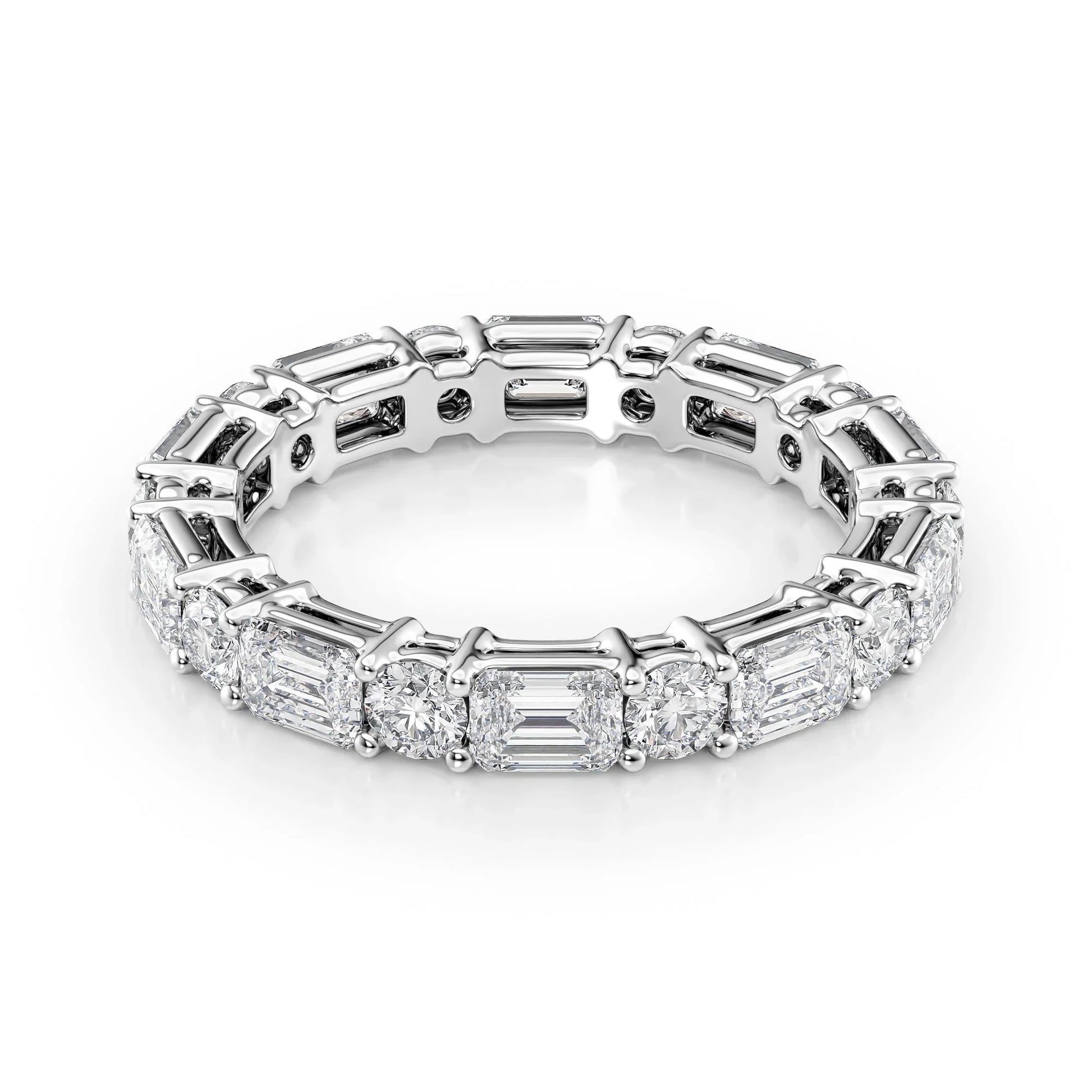 Alternating Emerald and Round Lab Grown Diamond Basket Eternity Band, EF Color, VS Clarity, IGI Certified Ring