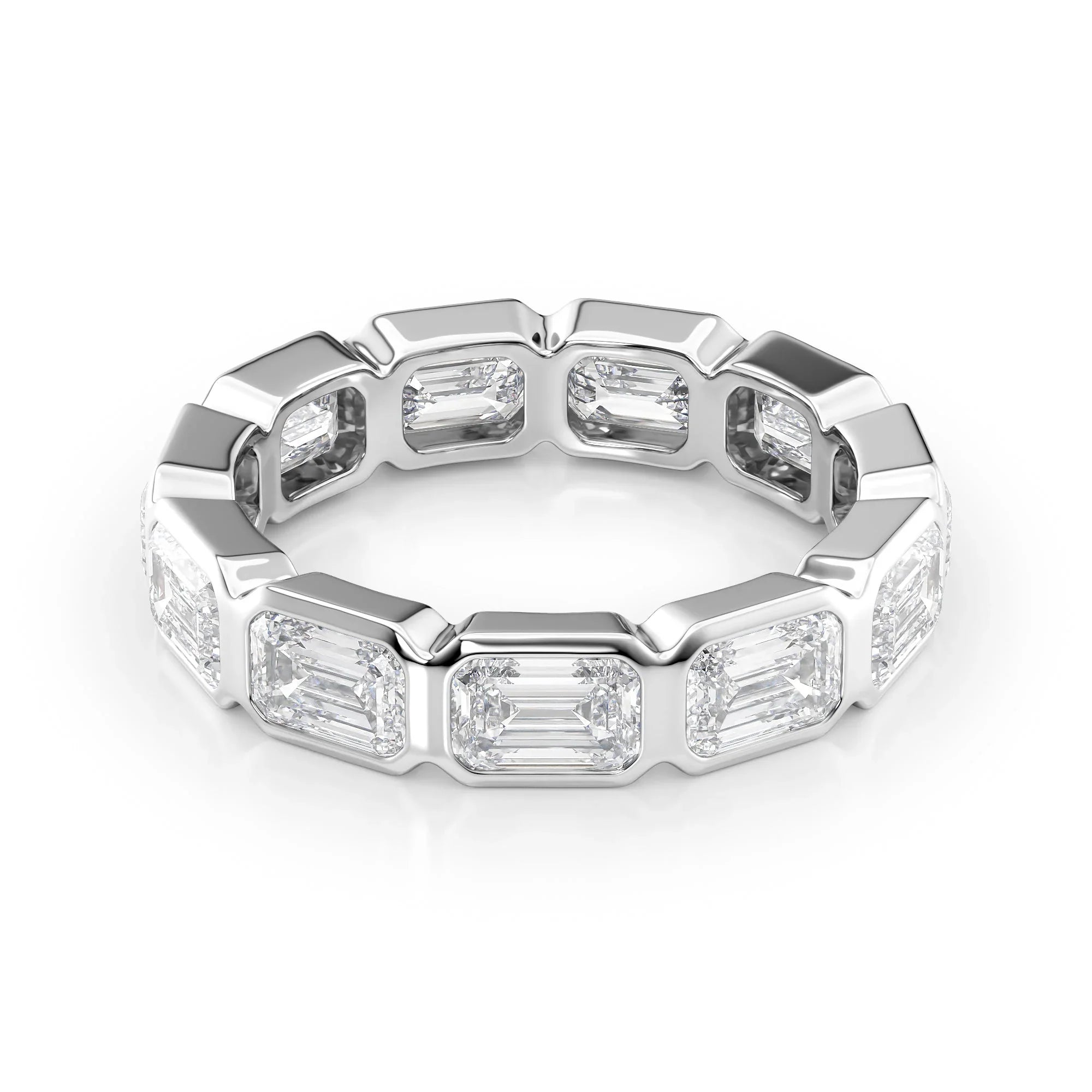 East West Emerald Lab Grown Diamond Bezel Eternity Band, EF Color, VS Clarity, IGI Certified Ring