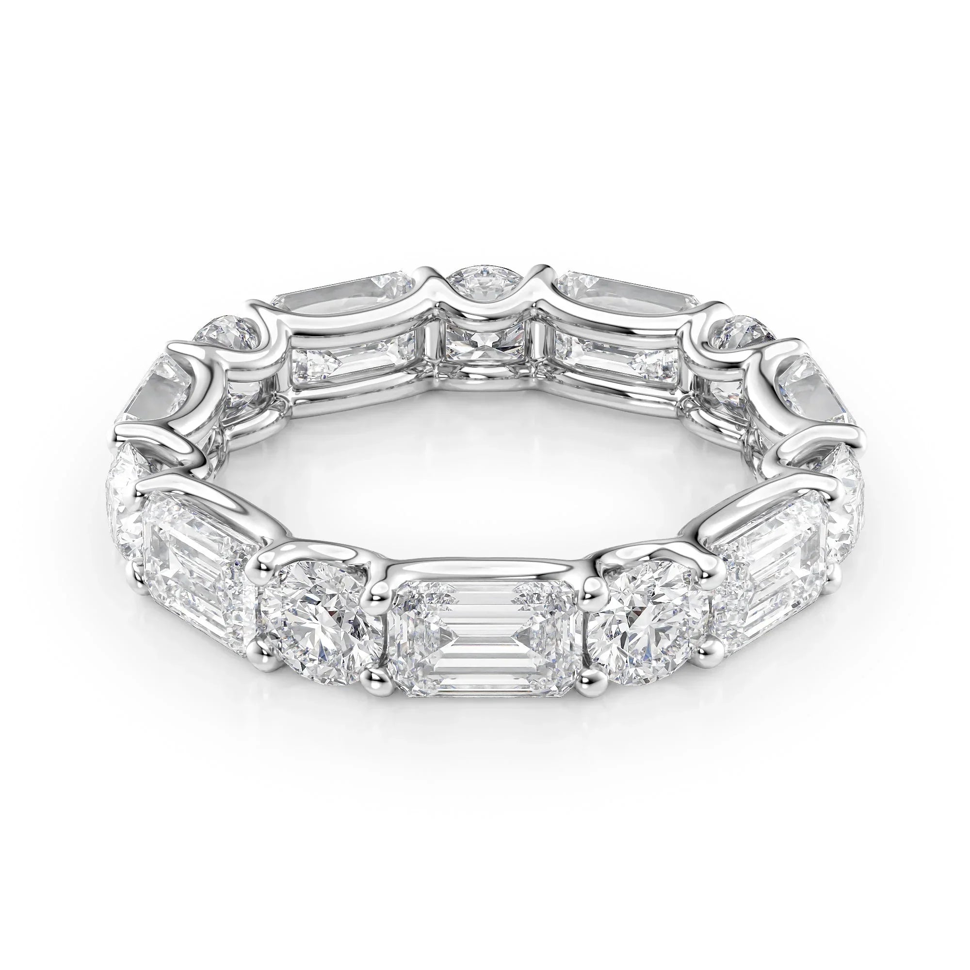 Alternating Emerald and Round Lab Grown Diamond U Prong Eternity Band, EF Color, VS Clarity, IGI Certified Ring