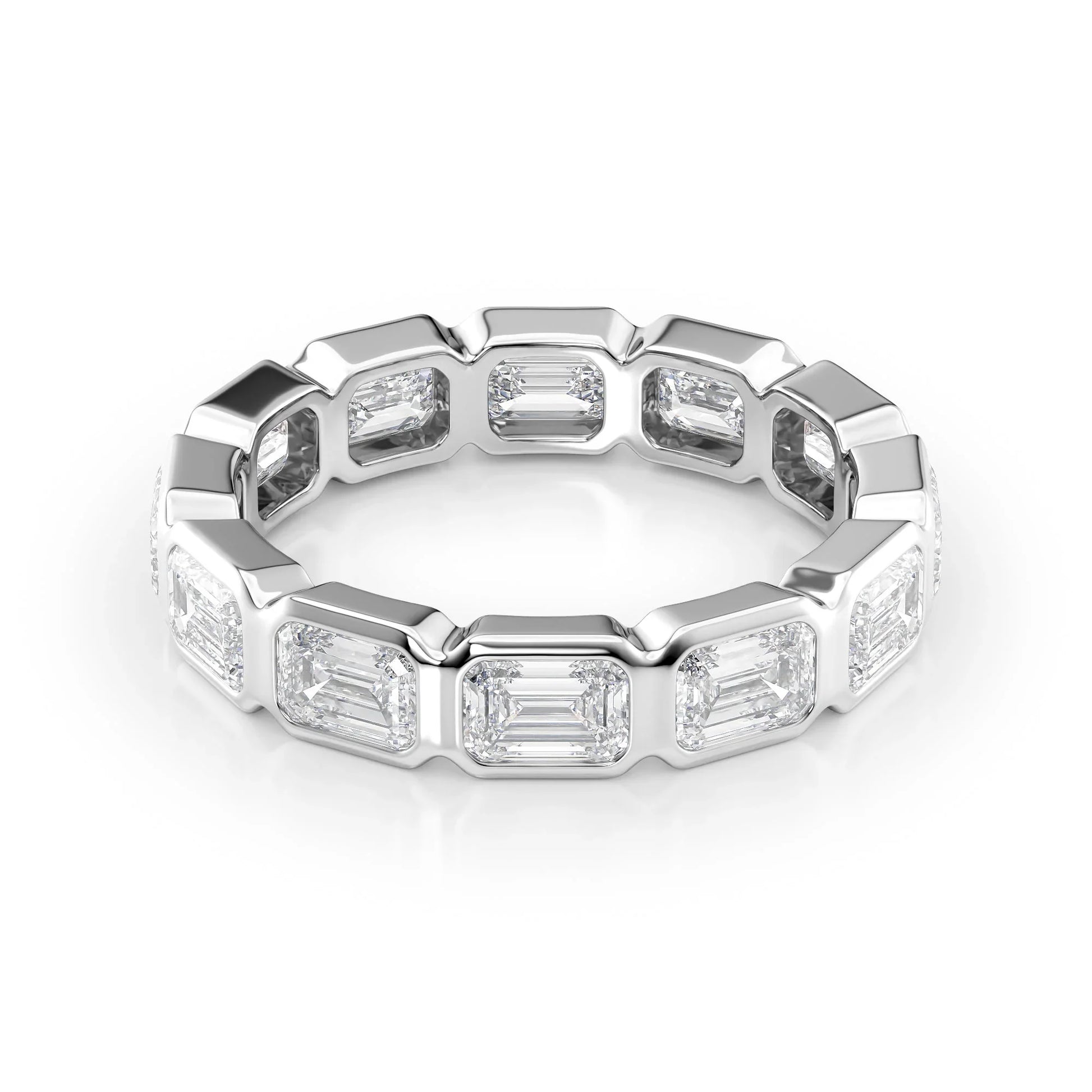 East West Emerald Lab Grown Diamond Bezel Eternity Band, EF Color, VS Clarity, IGI Certified Ring