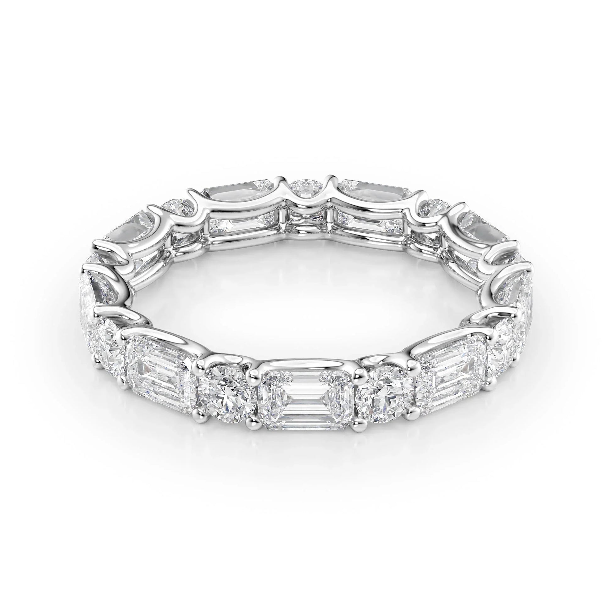 Alternating Emerald and Round Lab Grown Diamond U Prong Eternity Band, EF Color, VS Clarity, IGI Certified Ring