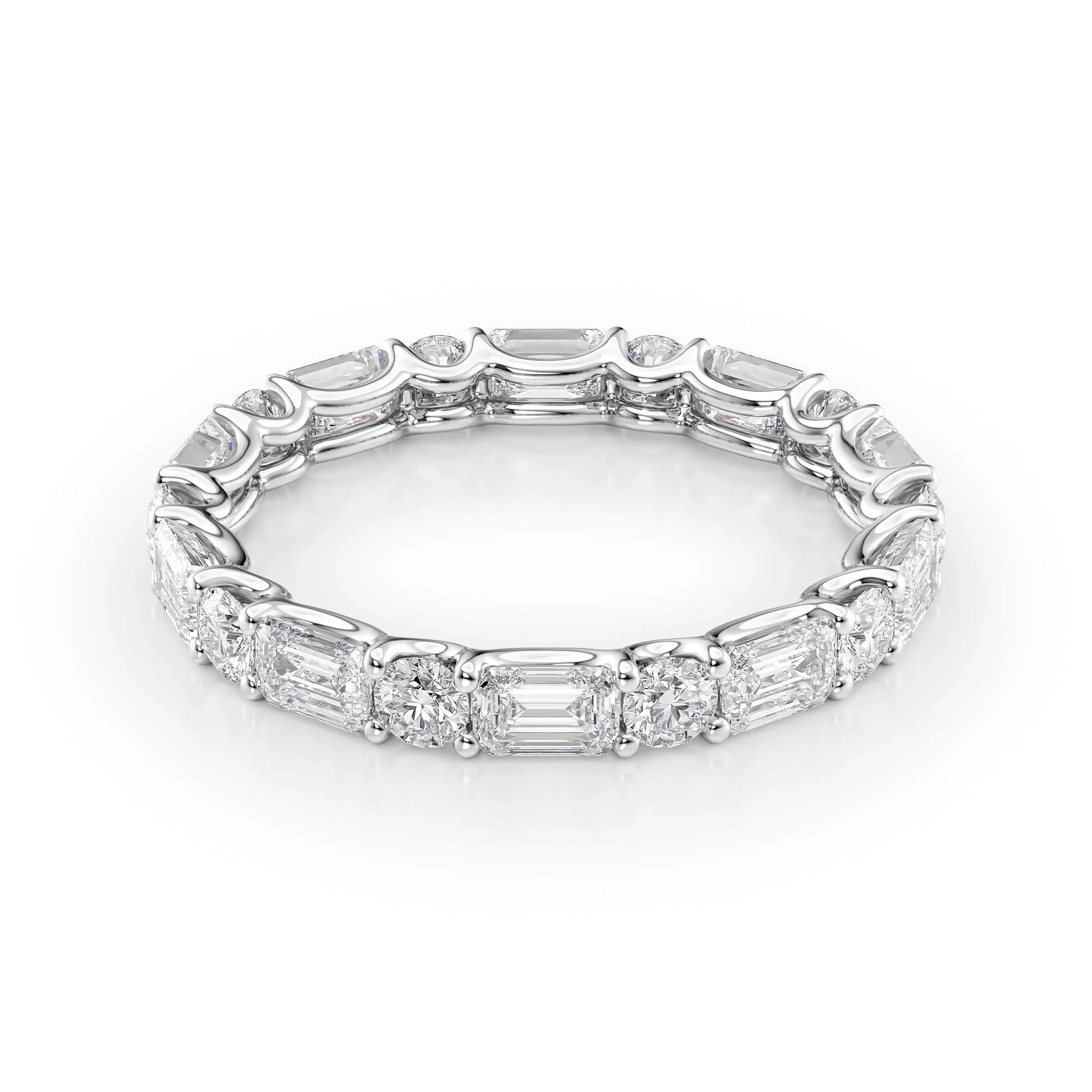 Alternating Emerald and Round Lab Grown Diamond U Prong Eternity Band, EF Color, VS Clarity, IGI Certified Ring