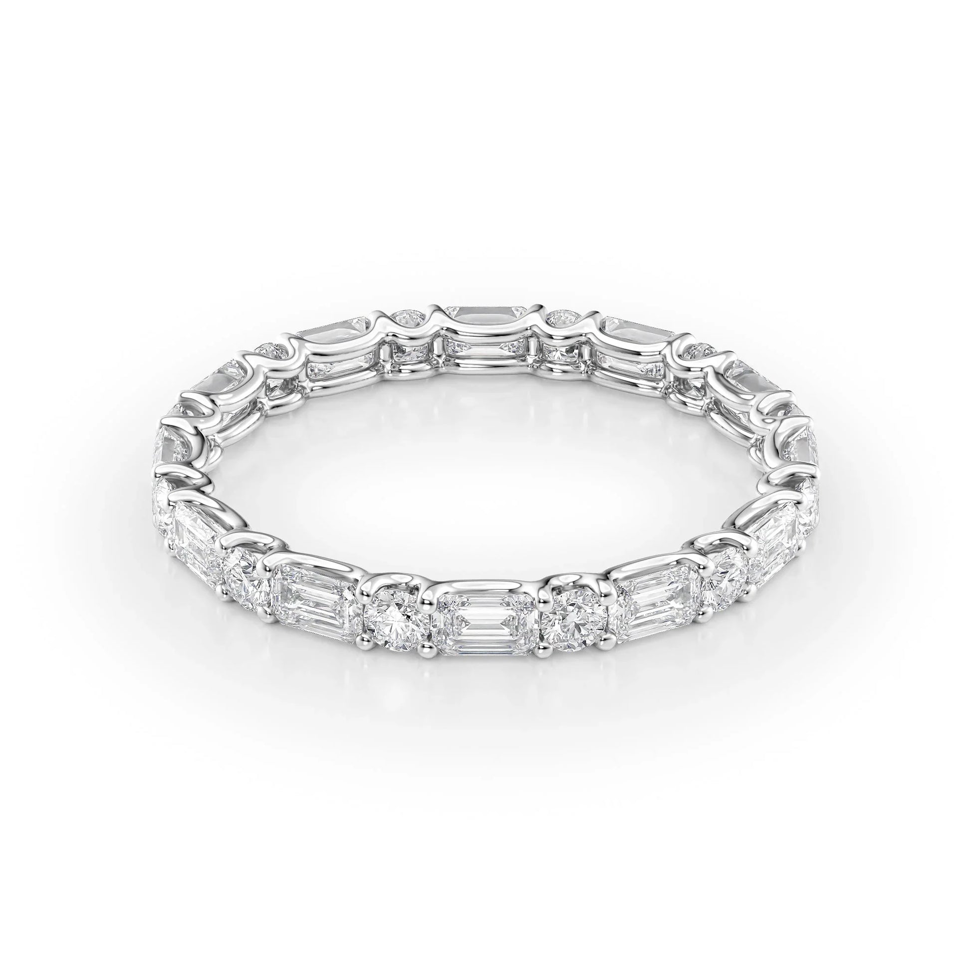 Alternating Emerald and Round Lab Grown Diamond U Prong Eternity Band, EF Color, VS Clarity, IGI Certified Ring