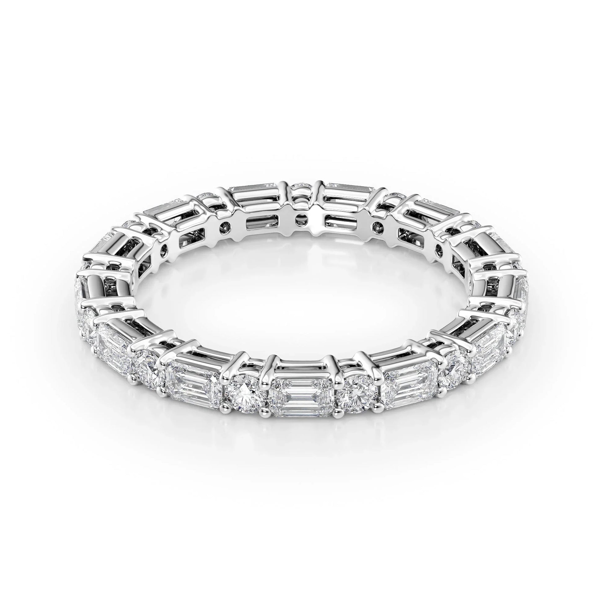 Alternating Emerald and Round Lab Grown Diamond Basket Eternity Band, EF Color, VS Clarity, IGI Certified Ring