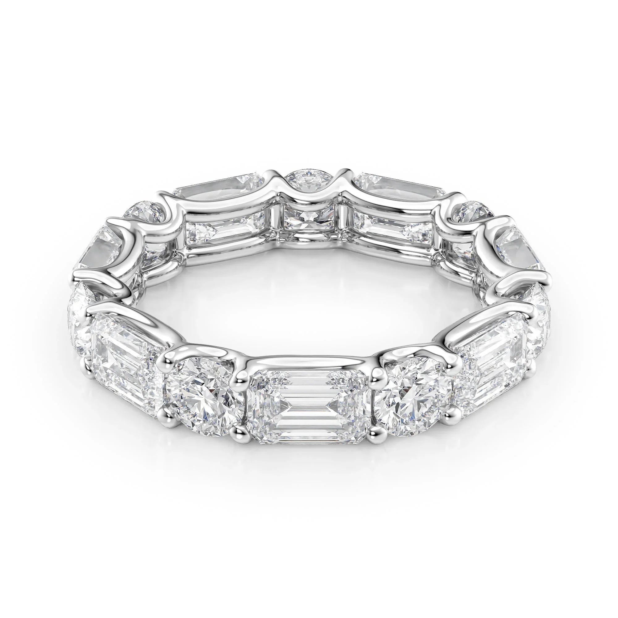 Alternating Emerald and Round Lab Grown Diamond U Prong Eternity Band, EF Color, VS Clarity, IGI Certified Ring