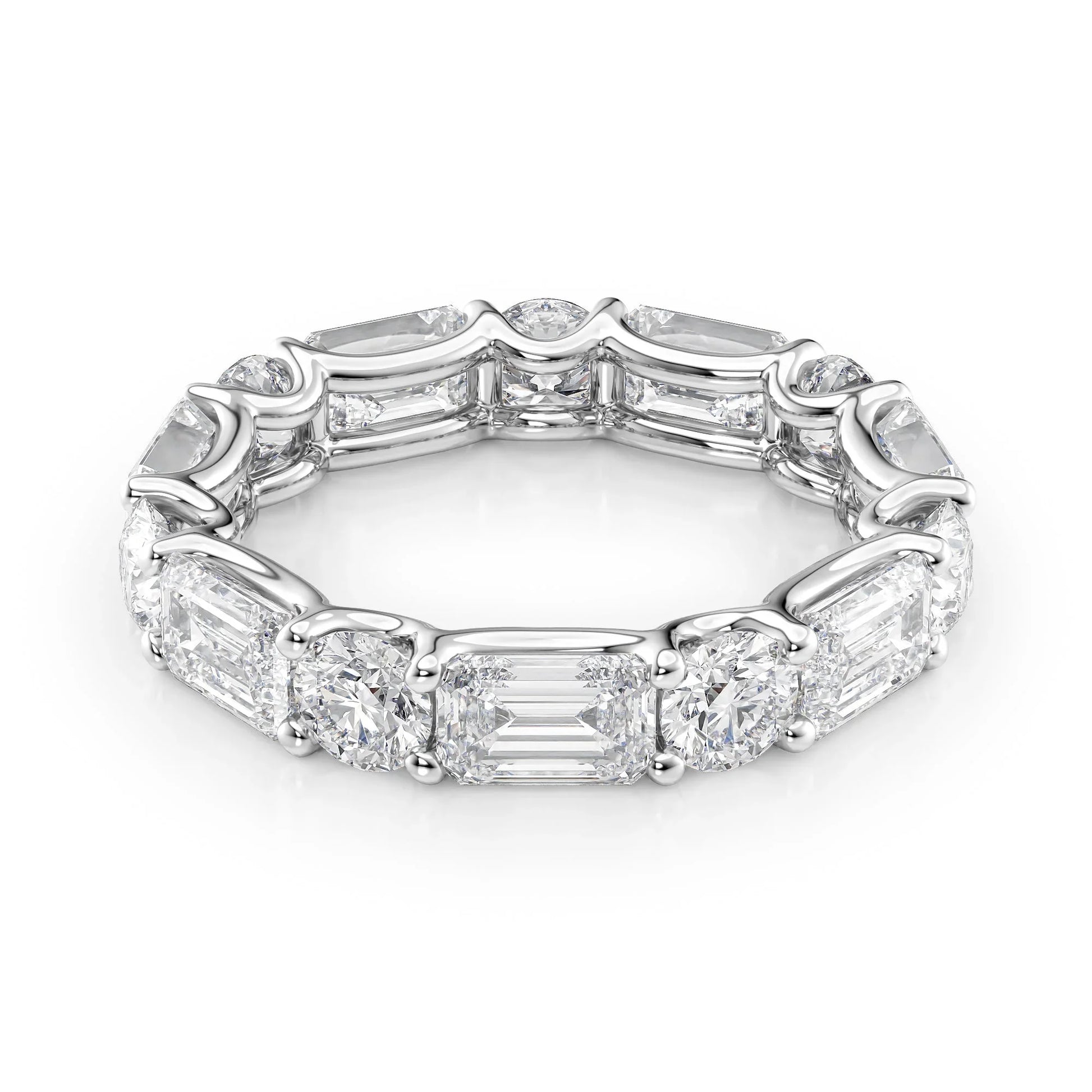 Alternating Emerald and Round Lab Grown Diamond U Prong Eternity Band, EF Color, VS Clarity, IGI Certified Ring