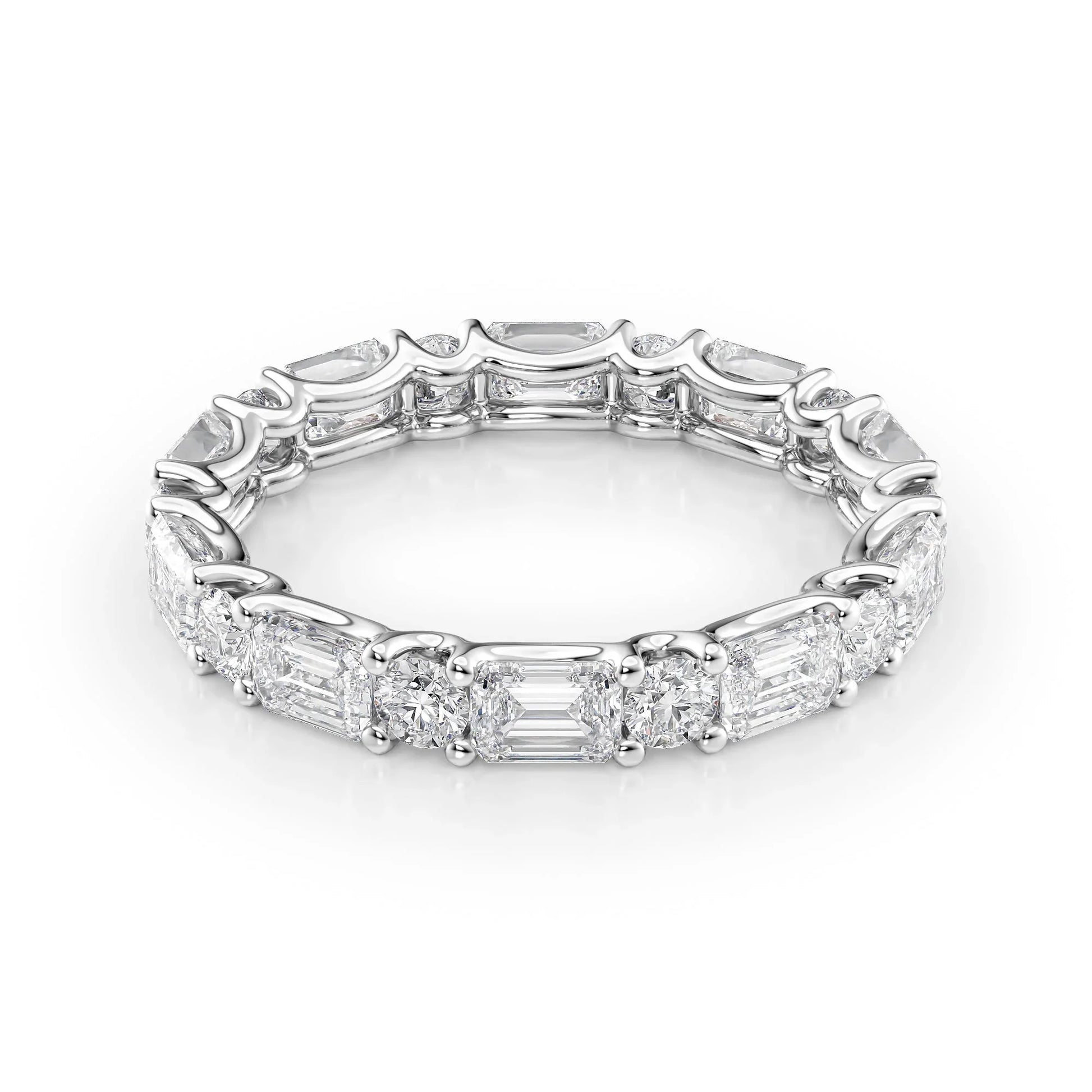 Alternating Emerald and Round Lab Grown Diamond U Prong Eternity Band, EF Color, VS Clarity, IGI Certified Ring