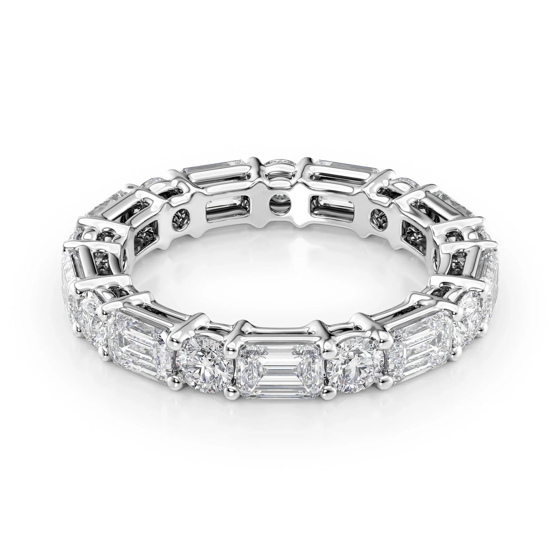 Alternating Emerald and Round Lab Grown Diamond Basket Eternity Band, EF Color, VS Clarity, IGI Certified Ring