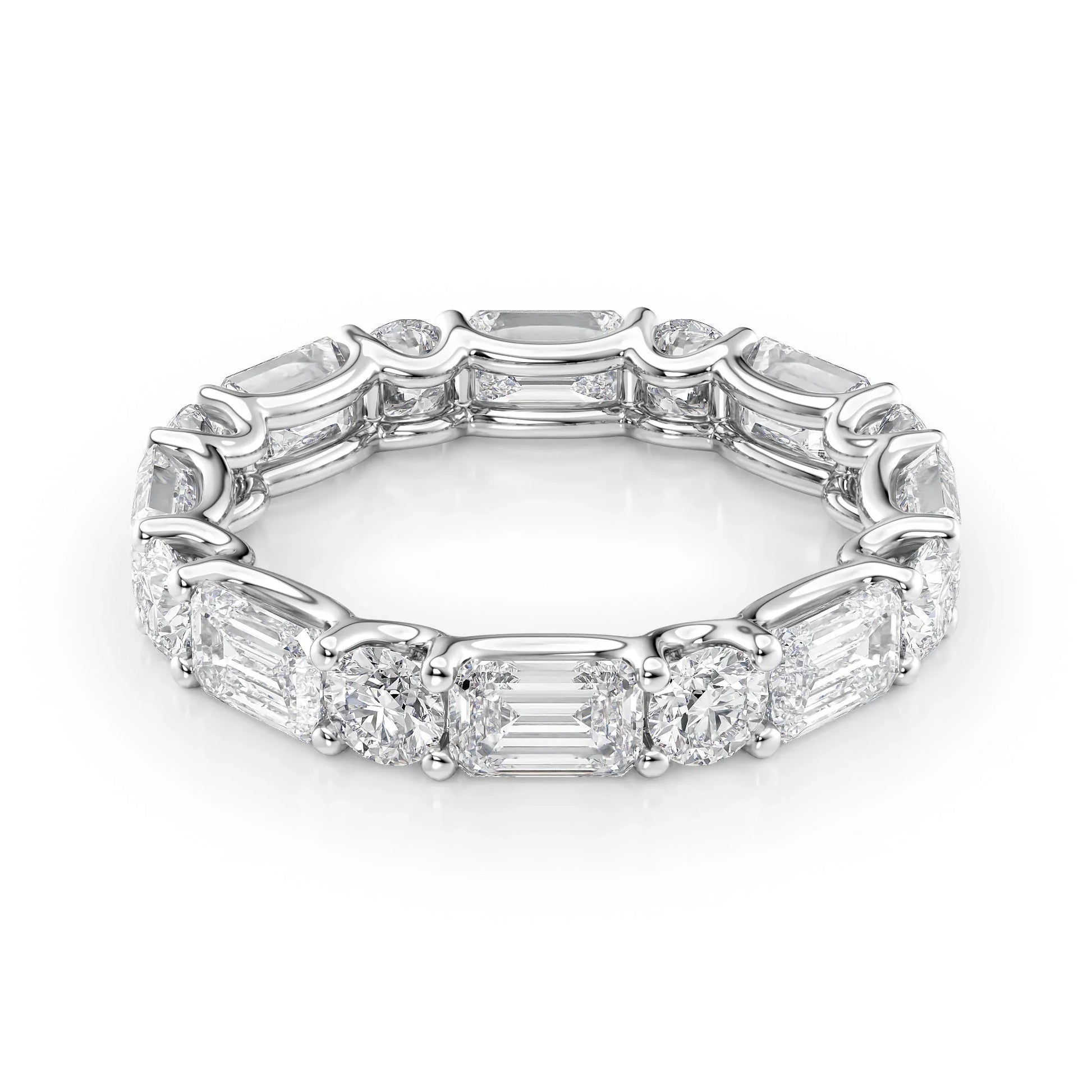 Alternating Emerald and Round Lab Grown Diamond U Prong Eternity Band, EF Color, VS Clarity, IGI Certified Ring