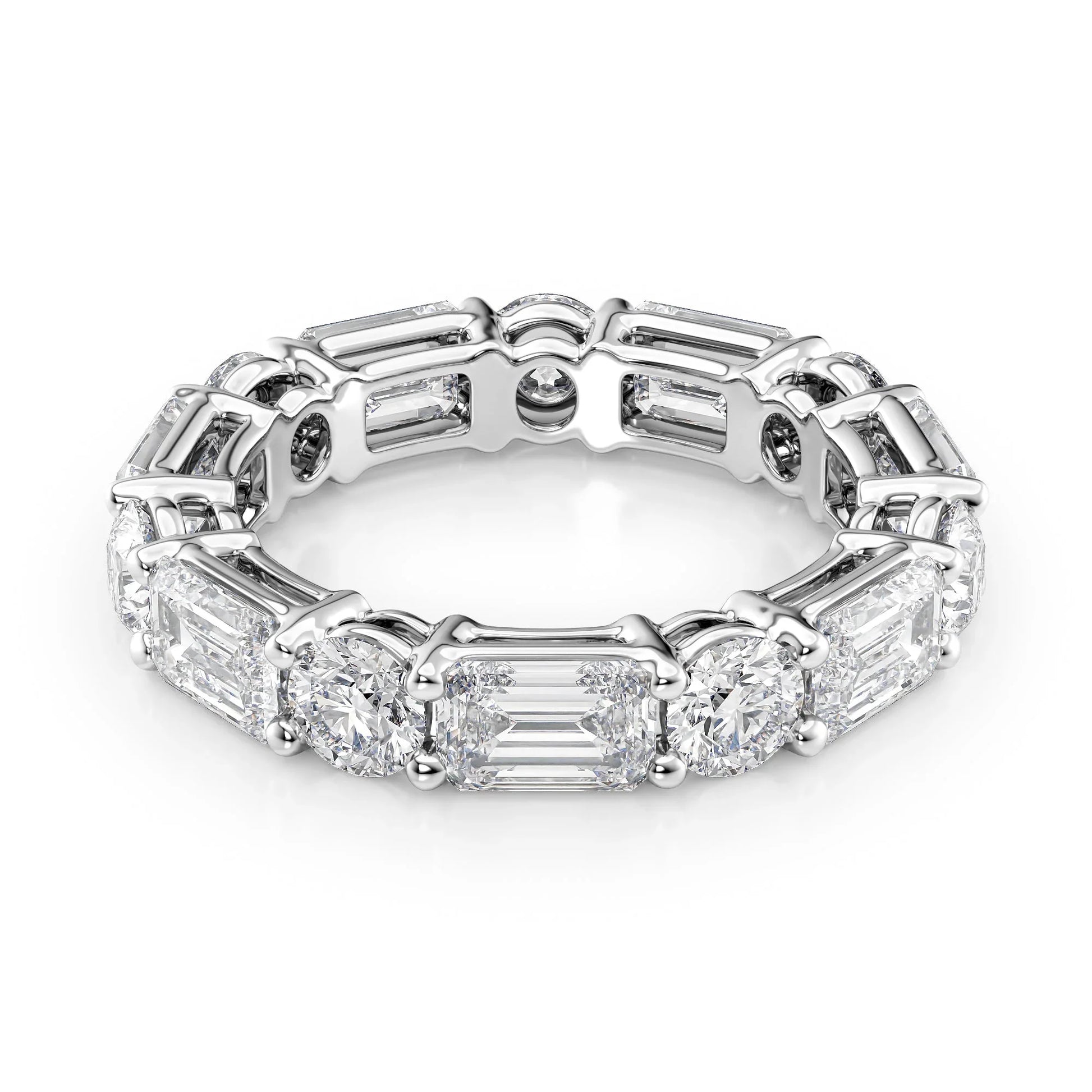 Alternating Emerald and Round Lab Grown Diamond Basket Eternity Band, EF Color, VS Clarity, IGI Certified Ring