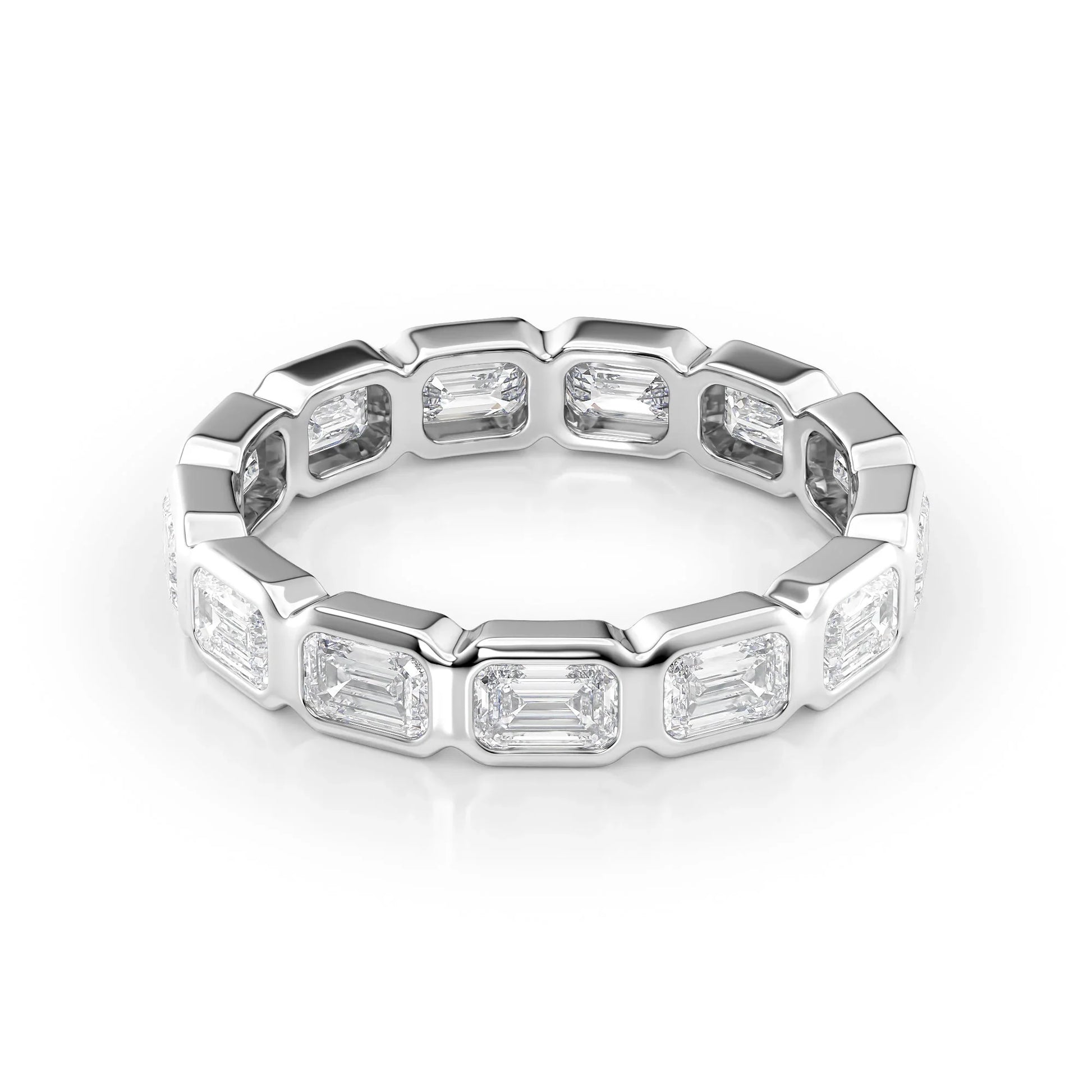 East West Emerald Lab Grown Diamond Bezel Eternity Band, EF Color, VS Clarity, IGI Certified Ring