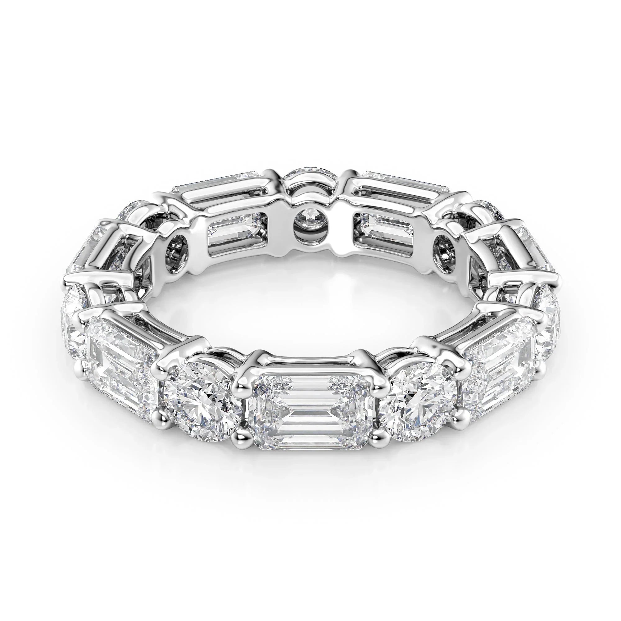 Alternating Emerald and Round Lab Grown Diamond Basket Eternity Band, EF Color, VS Clarity, IGI Certified Ring