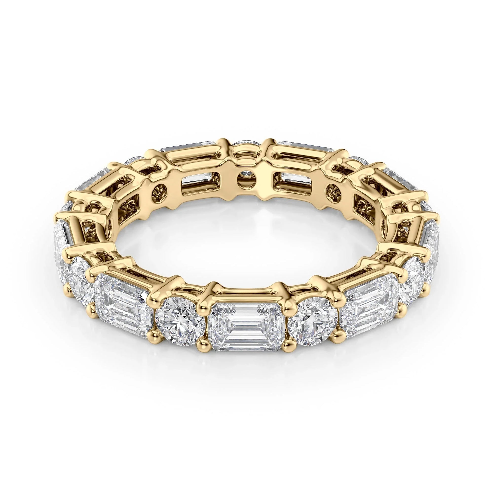 Alternating Emerald and Round Lab Grown Diamond Basket Eternity Band, EF Color, VS Clarity, IGI Certified Ring