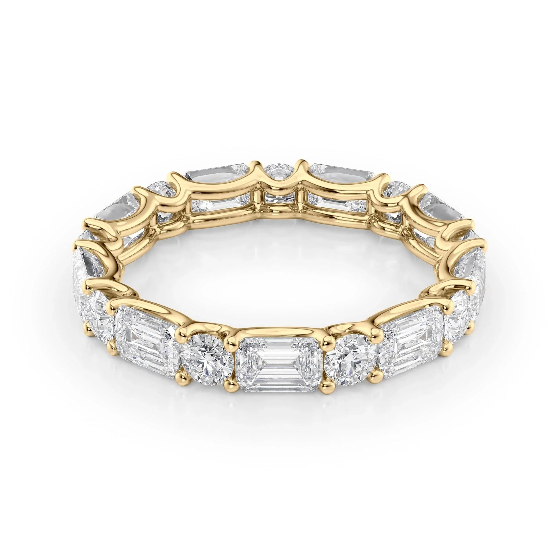 Alternating Emerald and Round Lab Grown Diamond U Prong Eternity Band, EF Color, VS Clarity, IGI Certified Ring