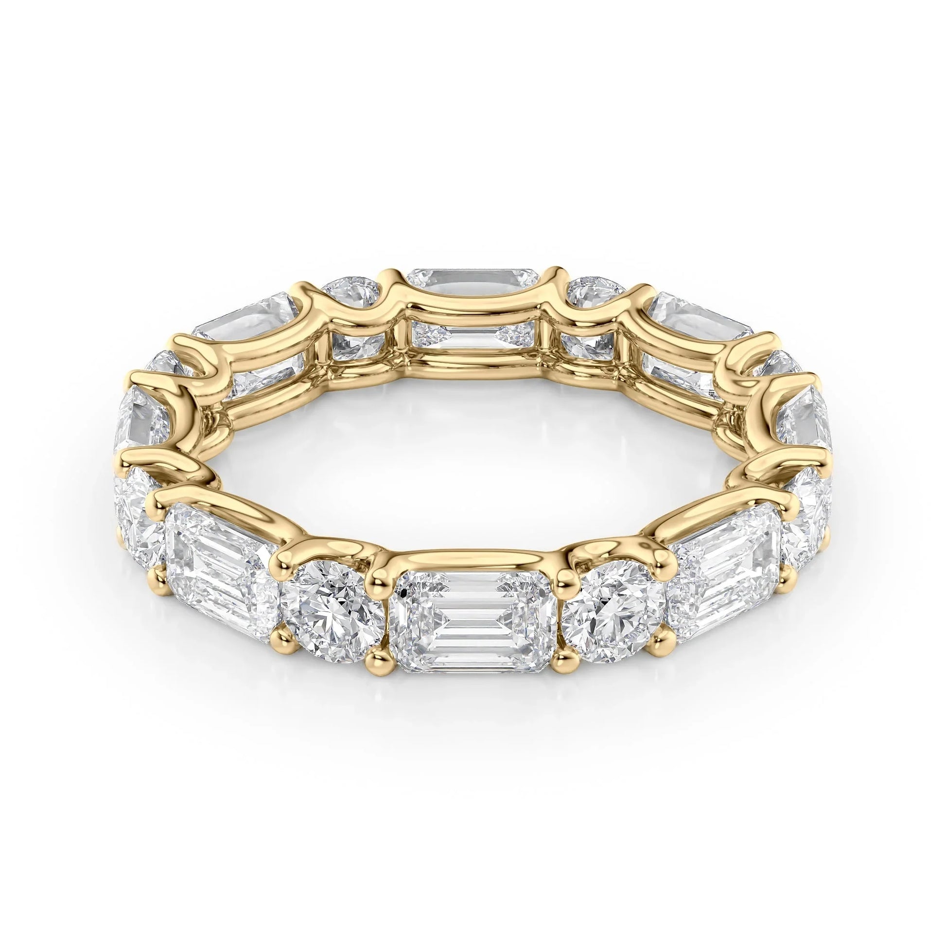 Alternating Emerald and Round Lab Grown Diamond U Prong Eternity Band, EF Color, VS Clarity, IGI Certified Ring