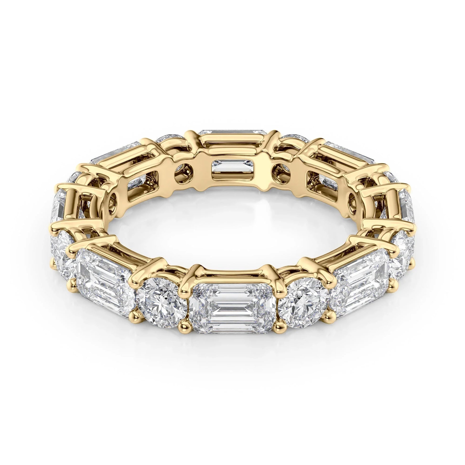 Alternating Emerald and Round Lab Grown Diamond Basket Eternity Band, EF Color, VS Clarity, IGI Certified Ring